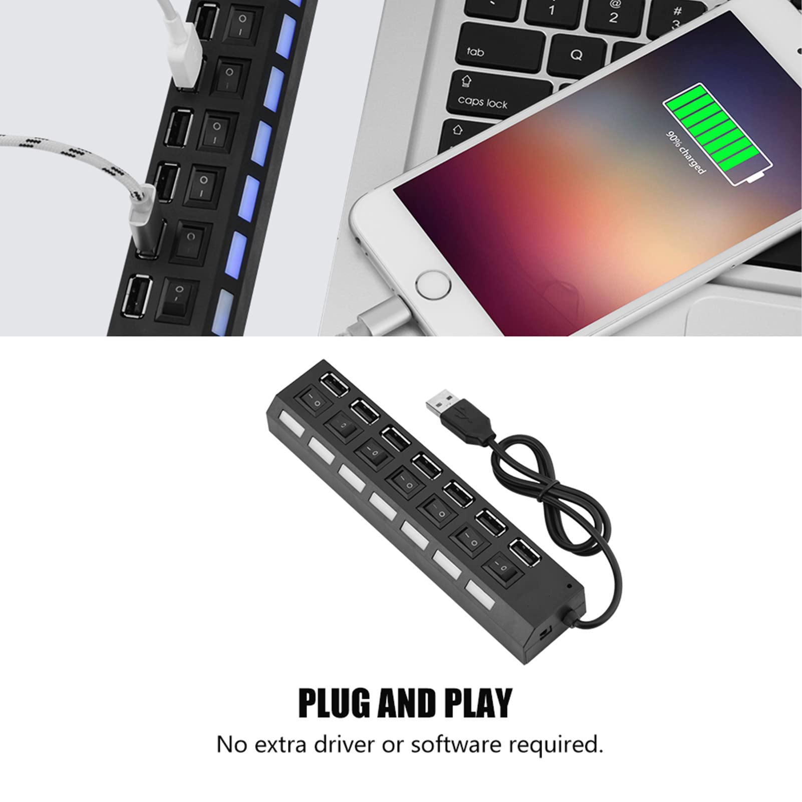 Beufee 7-Port USB 2.0 Hub with 3ft Cable - High-Speed Data Transfer USB Splitter for Laptop, PC, Mac - Perfect for Home Office, Gaming Setup & Multi-Device Charging Station