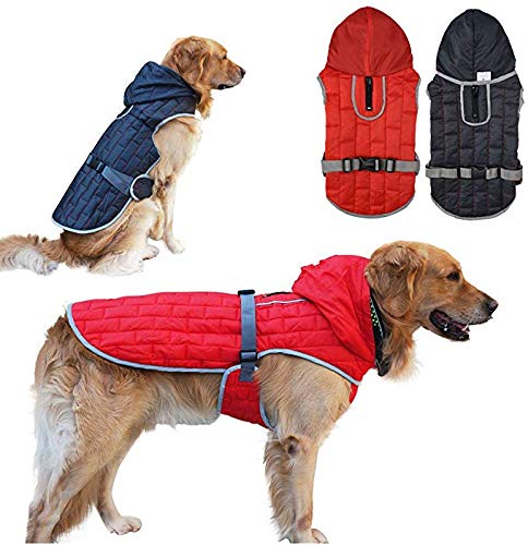 Waterproof Reversible Reflective Dog Coat - Winter Warm Hoodie Jacket Vest for Small Medium Large Dogs (Red, XXL) - Perfect for Outdoor Walks, Hiking & Cold Weather Protection