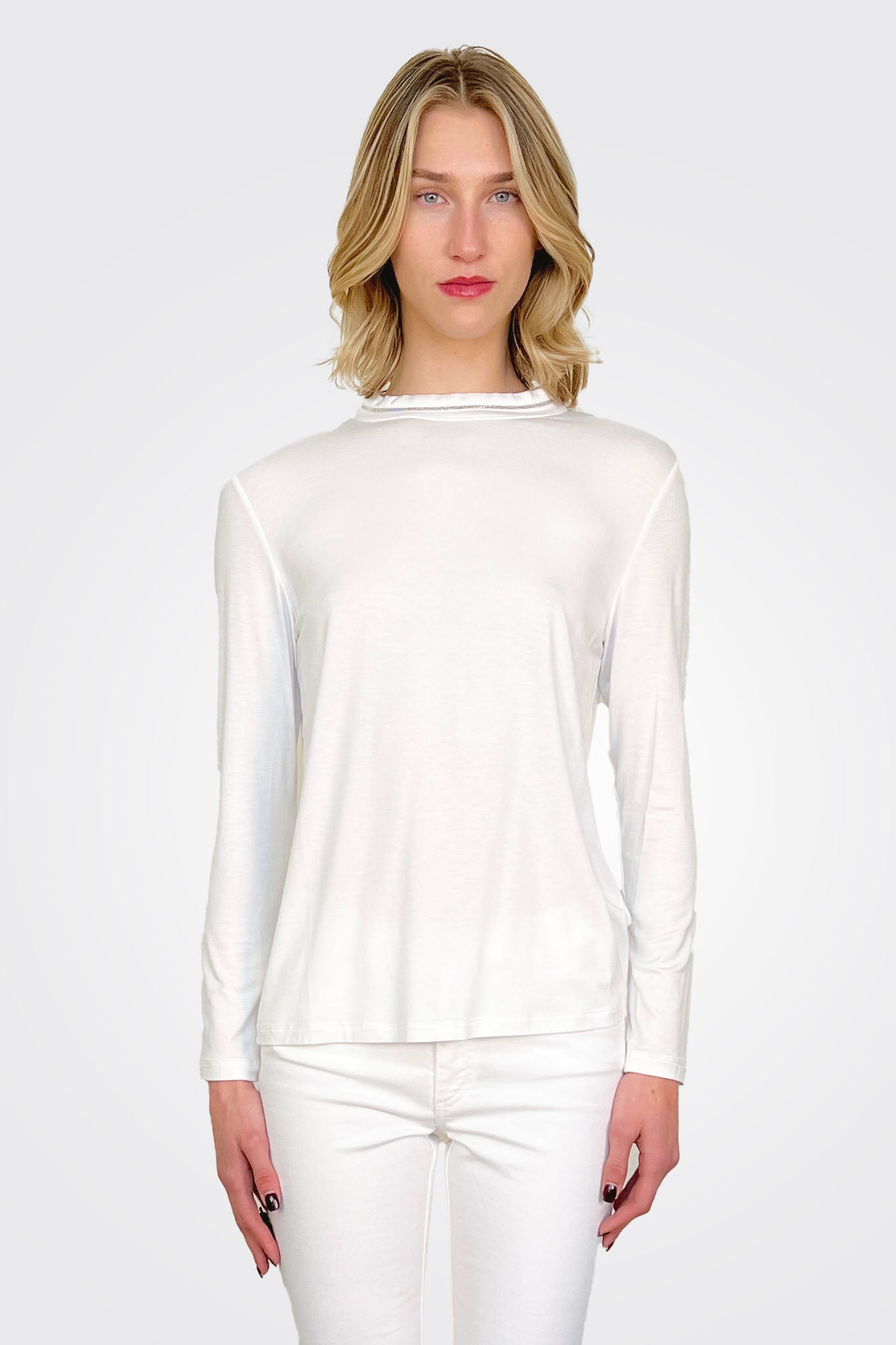 Embroidered Collar Mock Neck Shirt for Women - Elegant White Blouse for Office, Party & Casual Wear