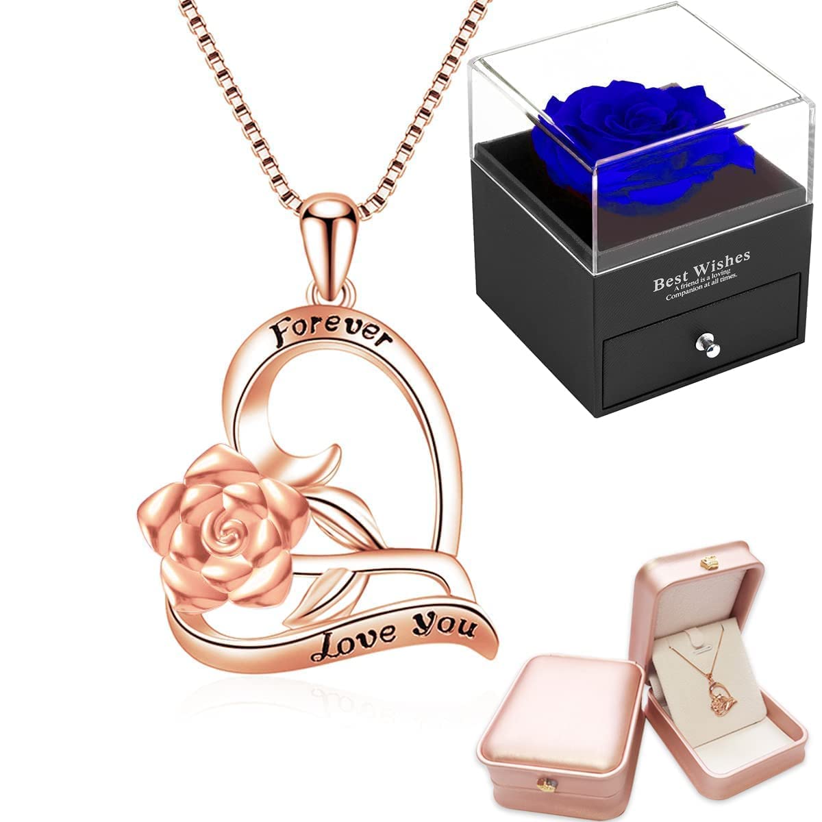 SWEETIME Blue Rose Gift Box with Sterling Silver S925 Necklace & Floral Brooch - Eternal Rose Jewelry Set for Women - Perfect Thanksgiving, Christmas & Anniversary Gift for Her - Romantic Present for Wife, Girlfriend, Mother (Home Decor & Special Occasion Gift)