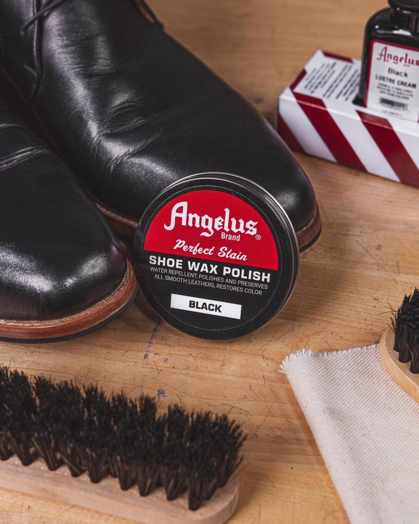 Angelus Shoe Shine Kit - 5 Piece Set with Black Boot & Shoe Polish Wax, 3oz Shoe Cream, Horsehair Brush, Dauber & Cloth | Premium Leather Care for Dress Shoes, Boots & Work Boots | Perfect for Home, Office & Professional Shoe Shining