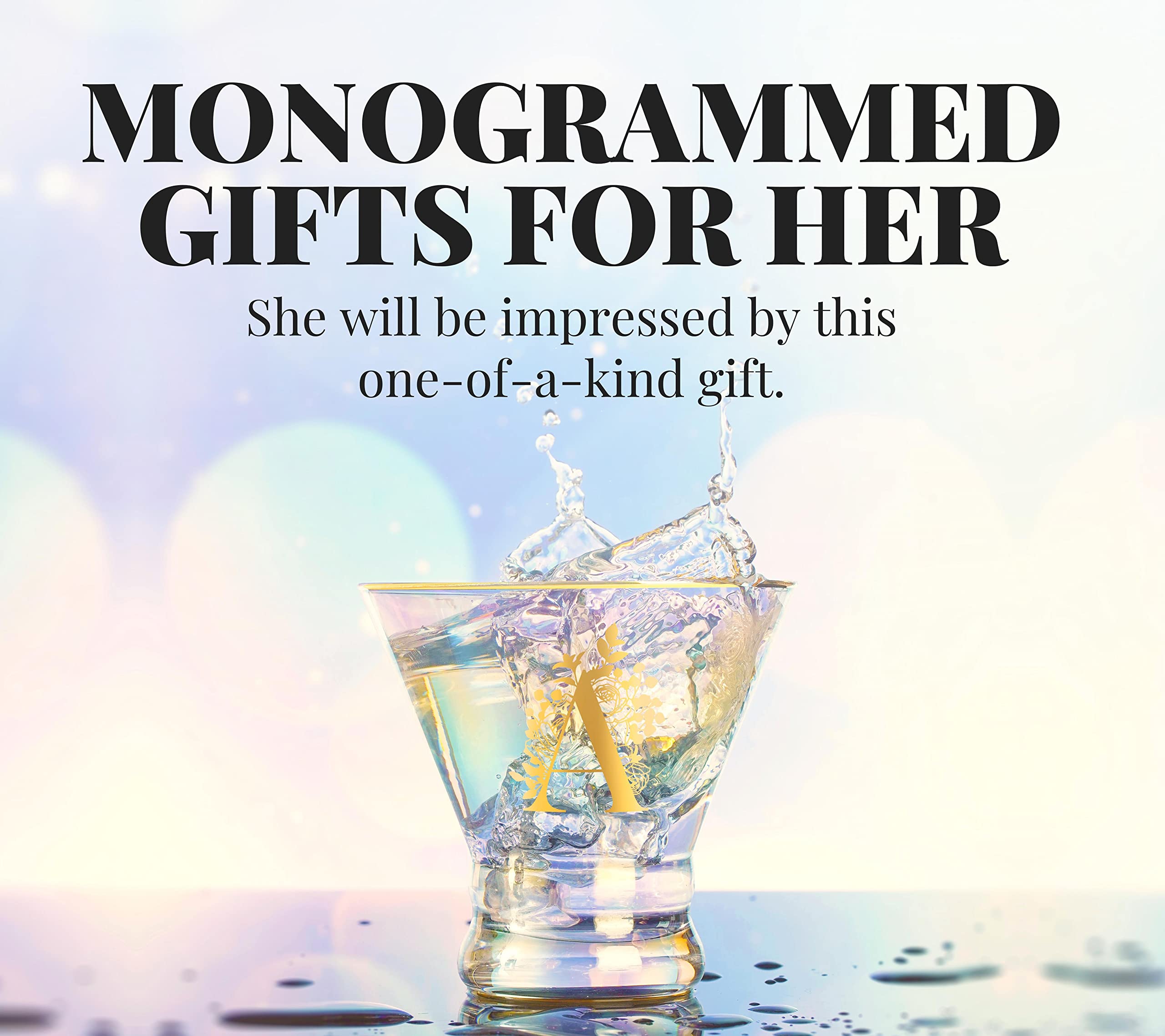 Personalized Iridescent Stemless Martini Glasses with Initial A - 8 oz Cocktail Glasses for Women, Birthday & Christmas Gifts - Perfect for Cocktail Parties, Wedding Receptions & Home Bar Decor