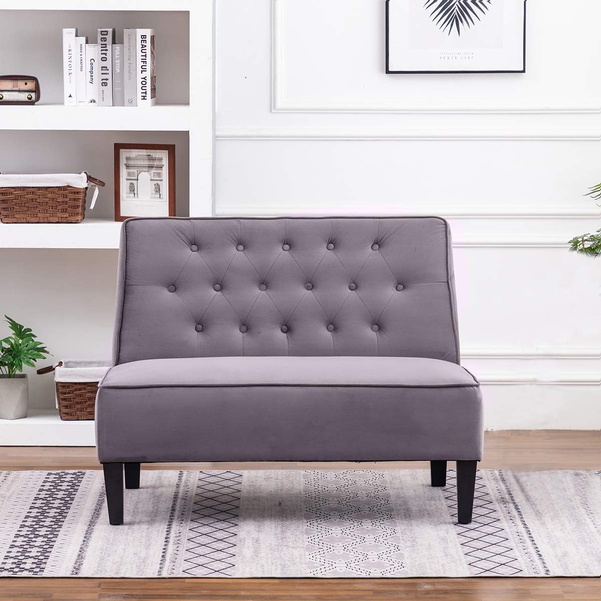 Annjoe Button Tufted Loveseat Settee - Upholstered Sofa with Backrest Buckle, Compact Couch & Banquette Bench for Dining Room, Living Room, Bedroom (Gray) - Perfect for Small Spaces, Apartments & Cozy Home Decor