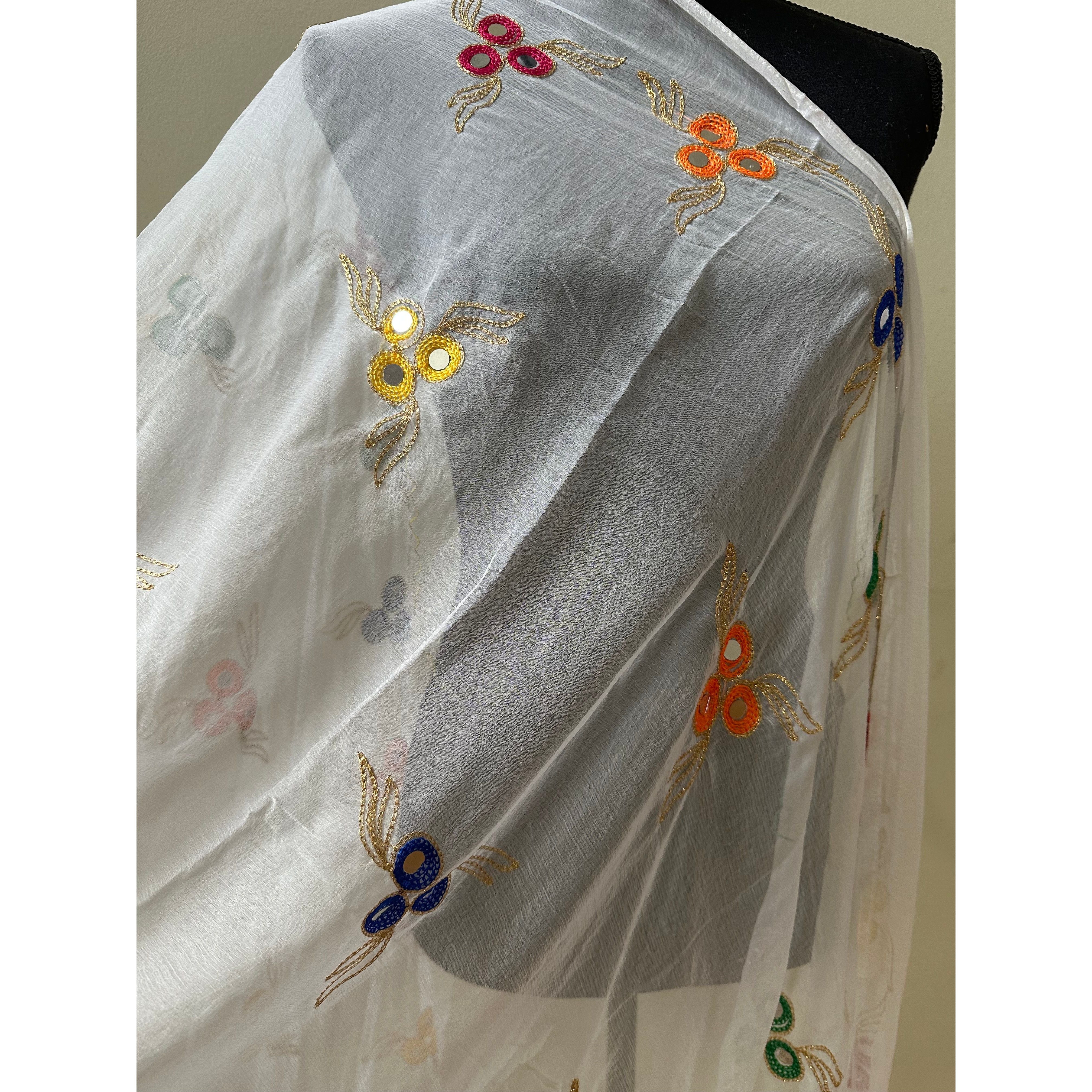 Elegant White Dupatta with Multicolor Thread Embroidery - Perfect for Weddings, Parties & Festive Occasions