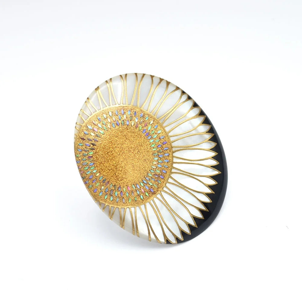 Handcrafted Maki-e Urushi Lacquer Brooch with White South Sea Pearl Shell & Sunflower Design - Traditional Japanese Lacquer Jewelry for Women, Gift, Wedding & Special Occasions