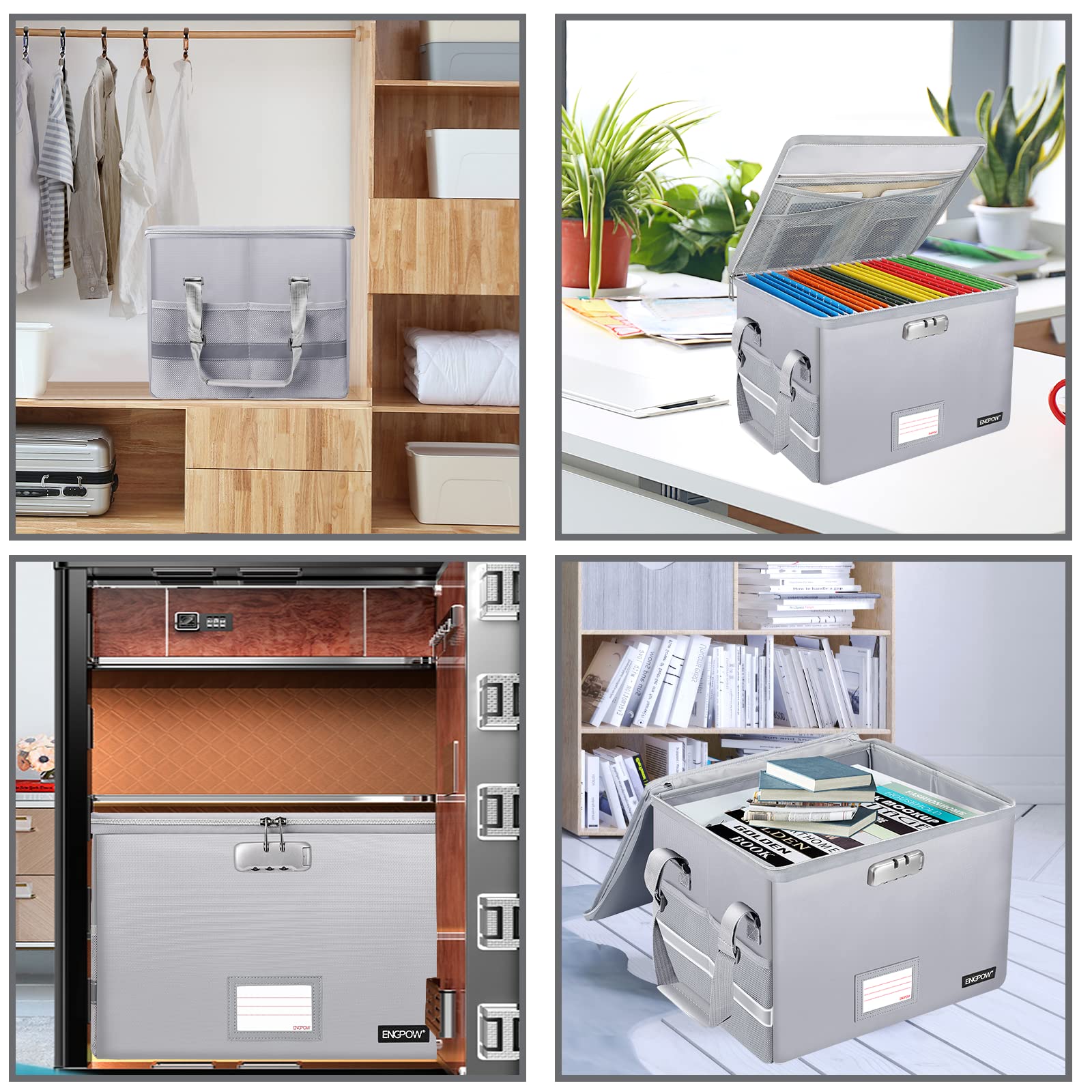 Fireproof Document Box with Lock - Collapsible File Storage Organizer with Zippers & Handle - Portable Home Office Safe for Hanging Files, Legal Folders & Important Papers (Silver) | Ideal for Home, Office & Travel Document Protection