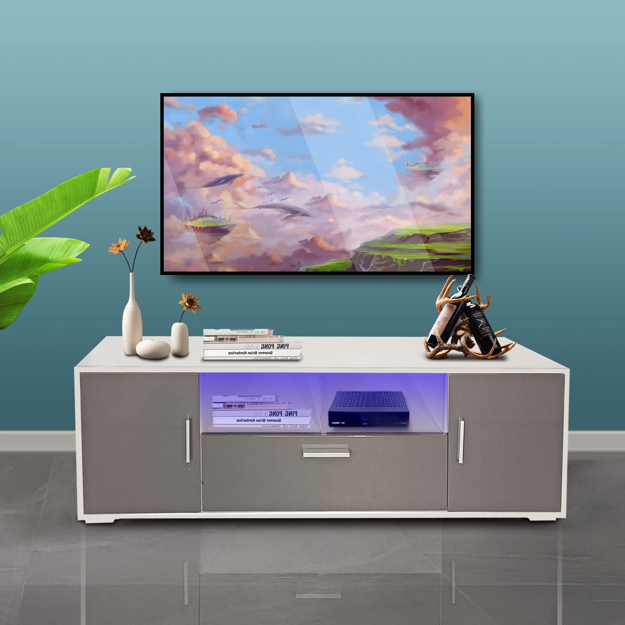 Modern LED TV Stand with Storage - 65 Inch High Gloss Entertainment Center, Quick Assembly in 20 Minutes - Perfect for Living Room, Bedroom or Lounge (Grey) | Stylish Media Console for Home Theater Setup & Family Entertainment