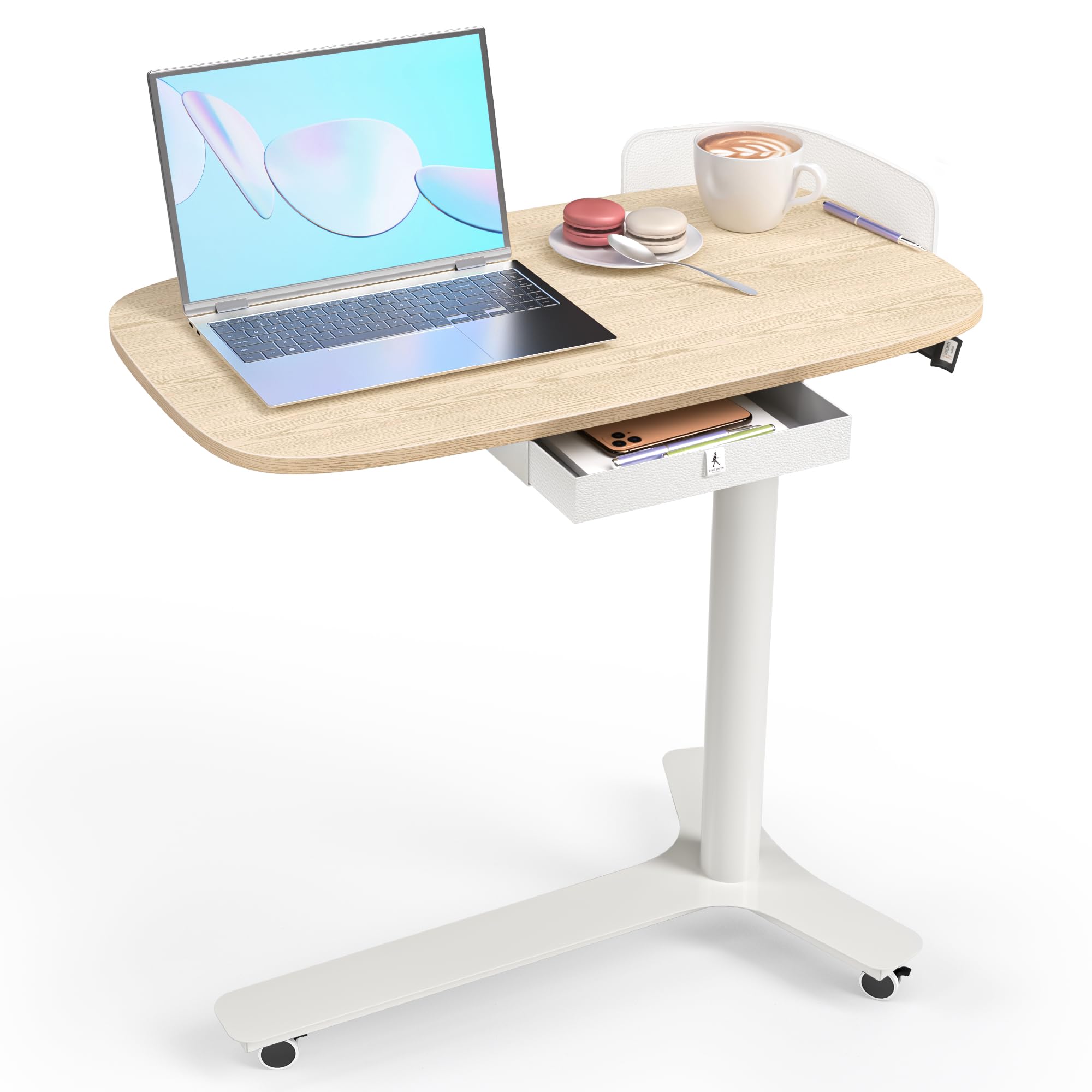 Adjustable Height Rolling Desk with Drawer & Wheels - Portable Standing Desk for Home Office, Mobile Computer Laptop Cart, Medical Overbed Table - Oak Finish | Perfect for Small Spaces, Work from Home & Hospital Use