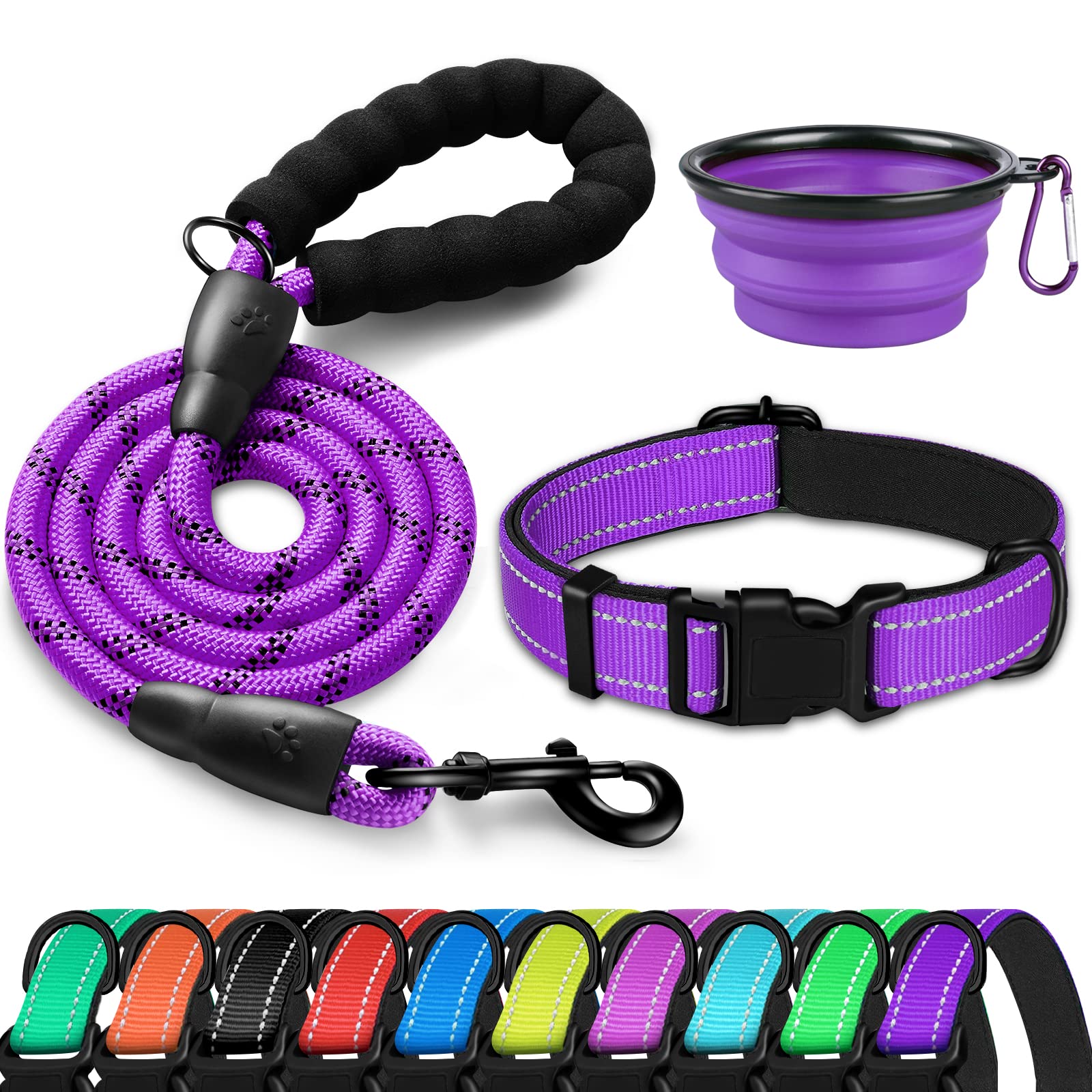 DOYOO Soft Neoprene Padded Reflective Adjustable Dog Collar and Leash Set with Quick Release Buckle - Nylon Pet Collars for Small Medium Large Dogs - Includes Collapsible Travel Bowl for Walking, Hiking & Outdoor Adventures
