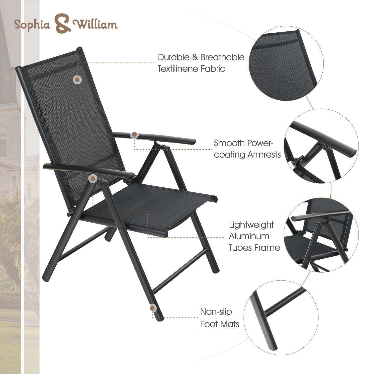 Sophia & William 5-Piece Outdoor Dining Set - 4 Adjustable Foldable Textilene Sling Chairs & 1 Square Table with Wood-Like Table Top & Umbrella Hole - Black Patio Furniture for Backyard, Garden, Poolside or Deck