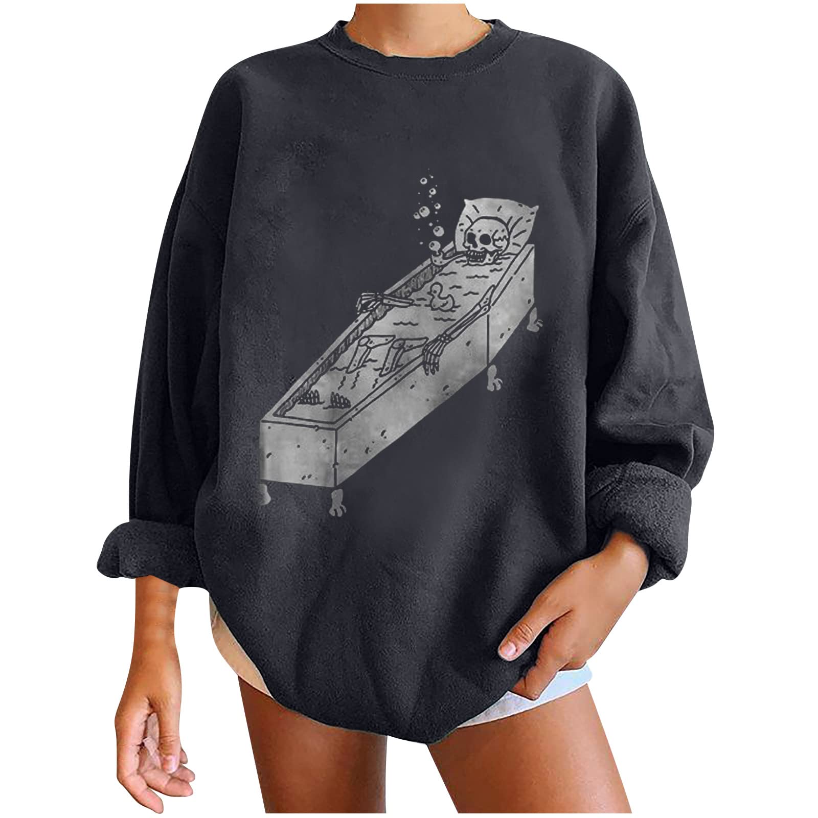 PIMOXV Women's Plus Size Gothic Skeleton Crewneck Sweatshirt - Long Sleeve Casual Pullover T-Shirt for Halloween, Cosplay & Streetwear Fashion
