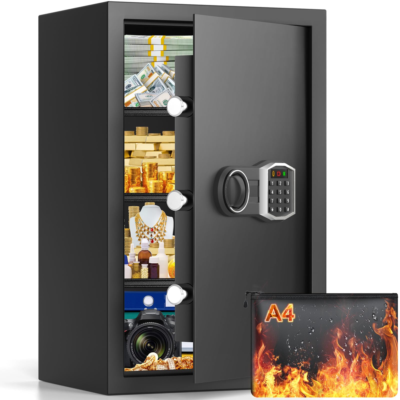 4.0 Cubic Feet Large Fireproof Waterproof Digital Safe Box with Combination Lock, Alarm System & Removable Shelf - Home Security Safe for Documents, Money & Valuables | Fire Resistant Protection for Office, Bedroom & Business Use