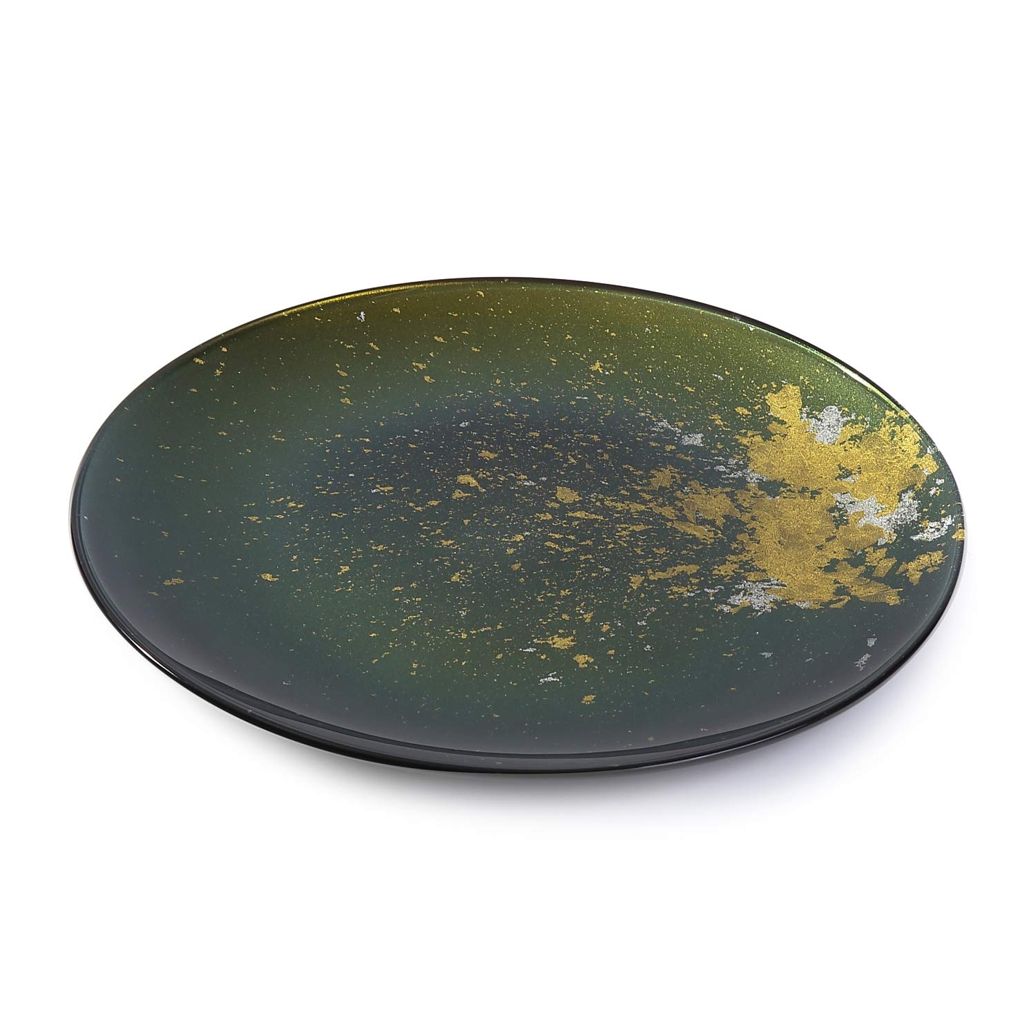 Japanese Urushi Glass Flat Dinner Plate 11-inch - Majestic Green with Gold Leaf - Dishwasher Safe - Elegant Tableware for Fine Dining, Parties & Home Decor