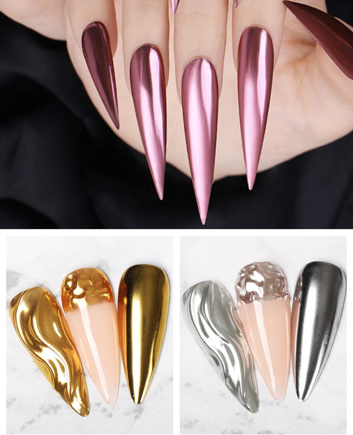 NAILWIND Chrome Nail Powder Set - 3D Holographic Mirror Effect Nail Art Pigments (2-Piece Gold & Silver) for Professional Salon & DIY Manicure at Home
