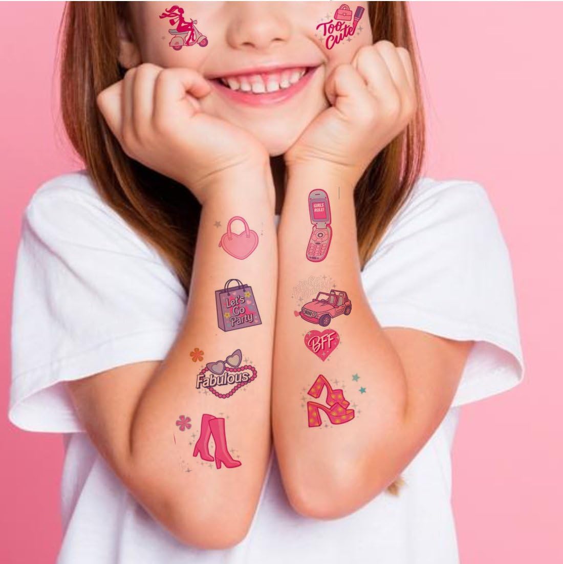 Tatmods Pink Temporary Body Tattoos for Parties - Cute Birthday Party Decorations, Bridesmaid Favors & Bachelorette Supplies | Perfect for Birthday Celebrations, Bridal Showers & Girls' Night Out