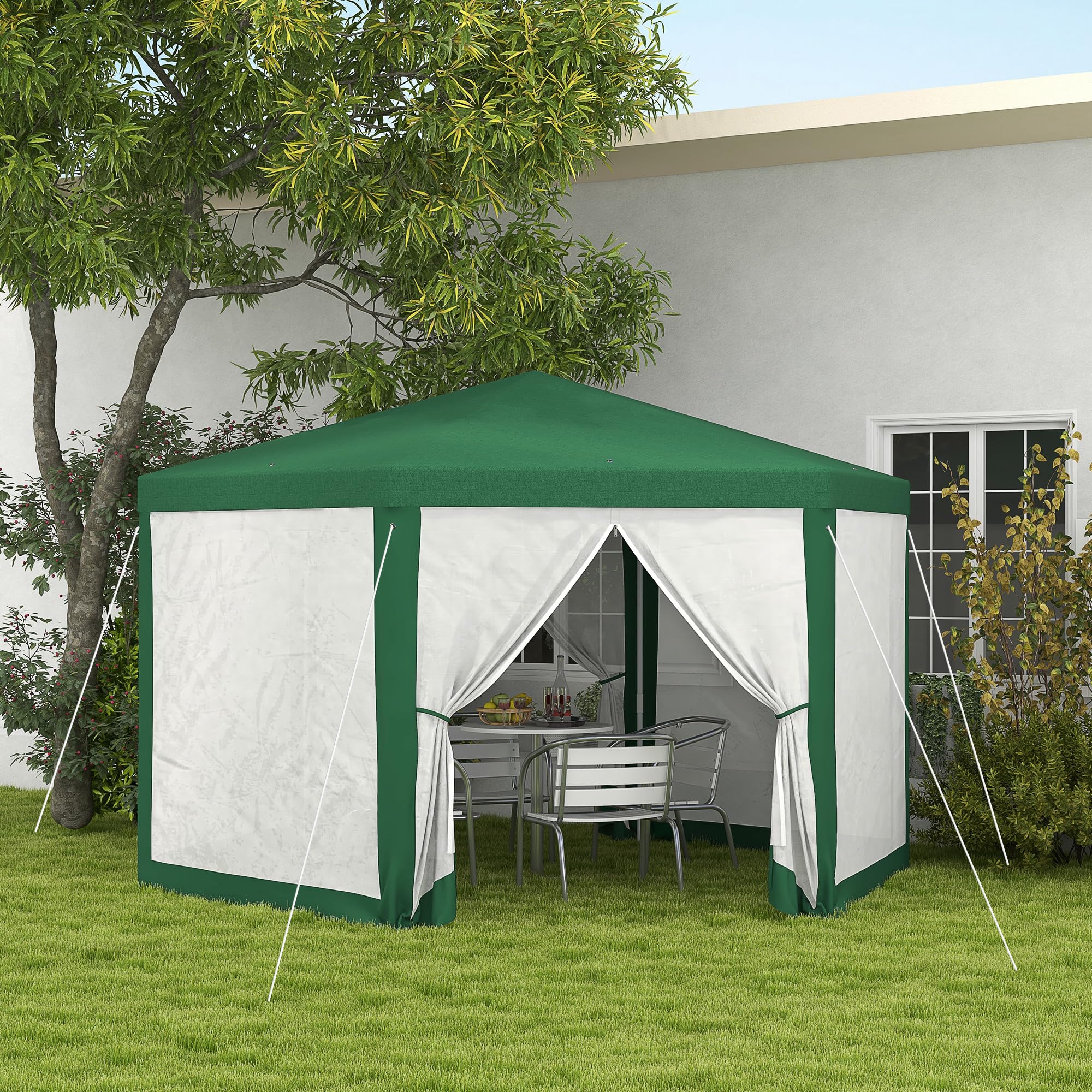 Outsunny 13' x 11' Hexagon Outdoor Party Tent with Mesh Screen Sidewalls - Sun Shade Shelter Canopy for Backyard, Picnic & BBQ - Includes Ropes & Stakes (Green)