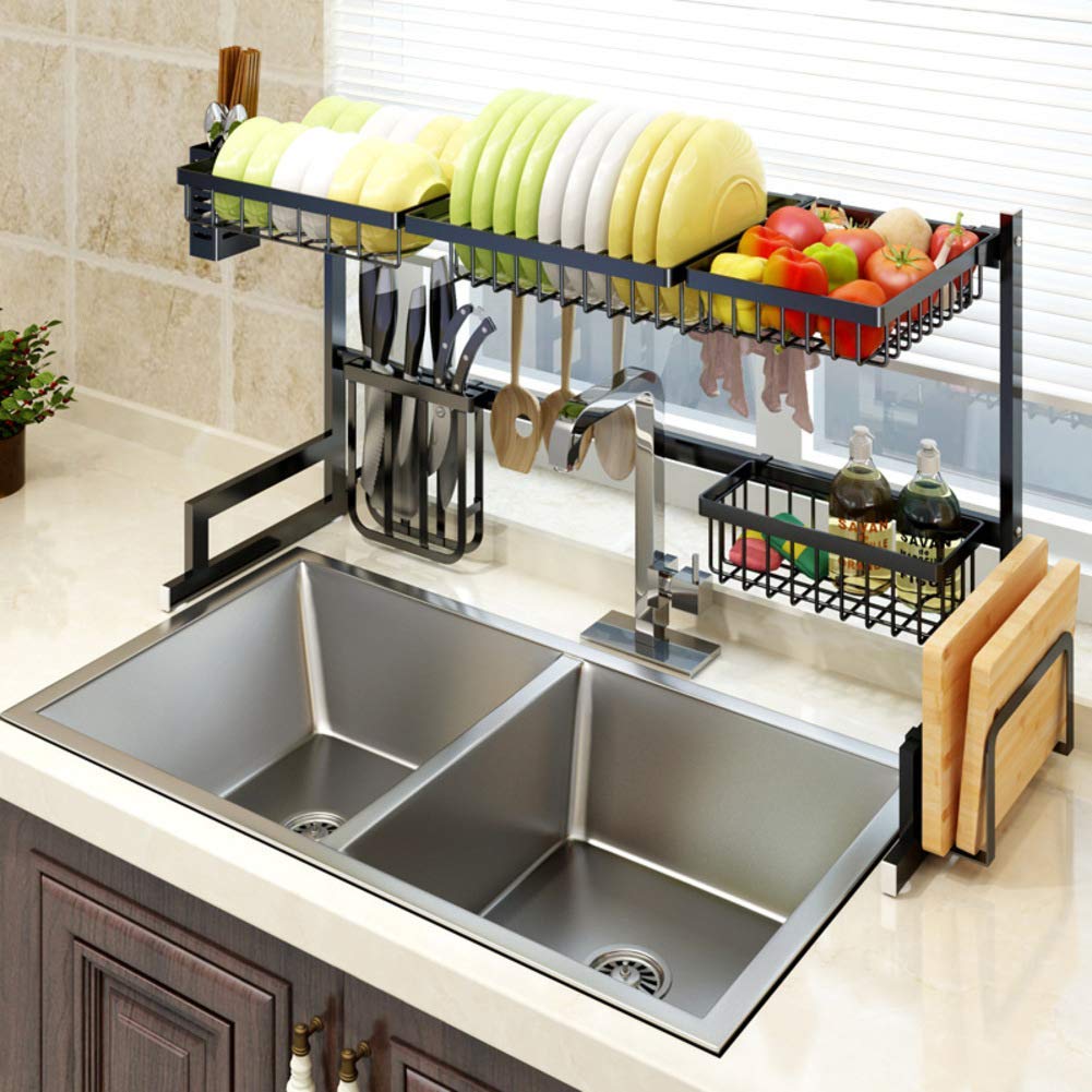 Stainless Steel Over Sink Dish Drying Rack with Utensil Holder & Cutting Board Storage - 26 Inch Single Tier Kitchen Countertop Organizer - Perfect for Small Spaces & Apartment Living