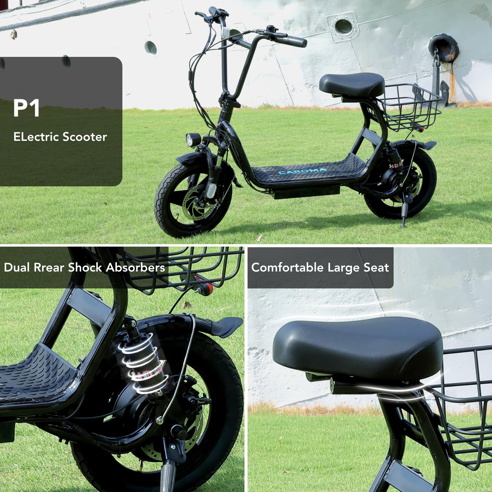 Caroma Peak 1200W Foldable Electric Scooter with Seat - 14 Inch Fat Tire Adult E-Scooter, 500Wh Battery for 30 Mile Range & 20 MPH Speed - Perfect for Commuting, Shopping & Urban Travel with Basket & Shock Absorption