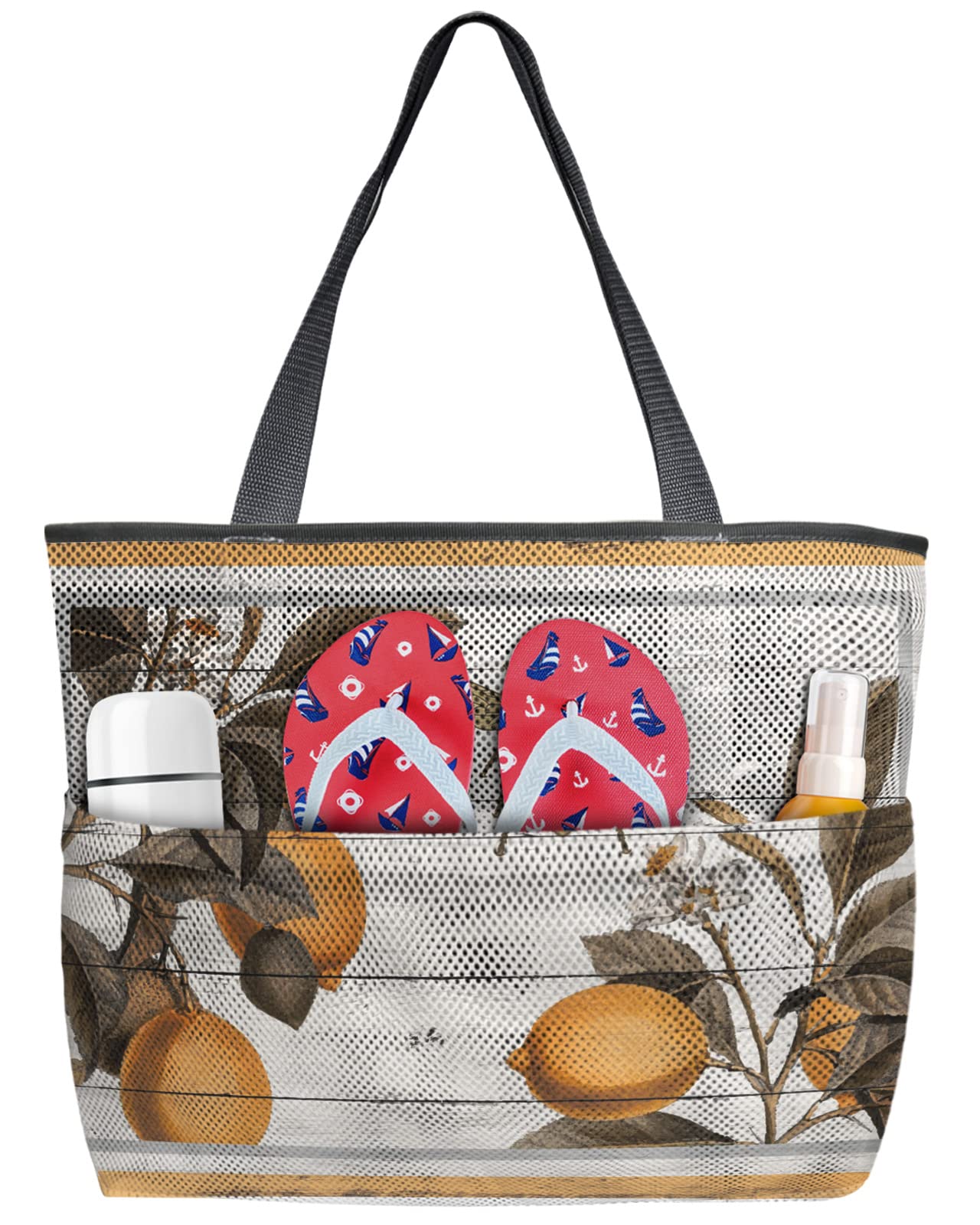 Large Mesh Beach Bag for Women - 8-Pocket Tote with Farm Lemon Flower & Bee Design - Perfect for Travel, Pool, Gym, and Shopping