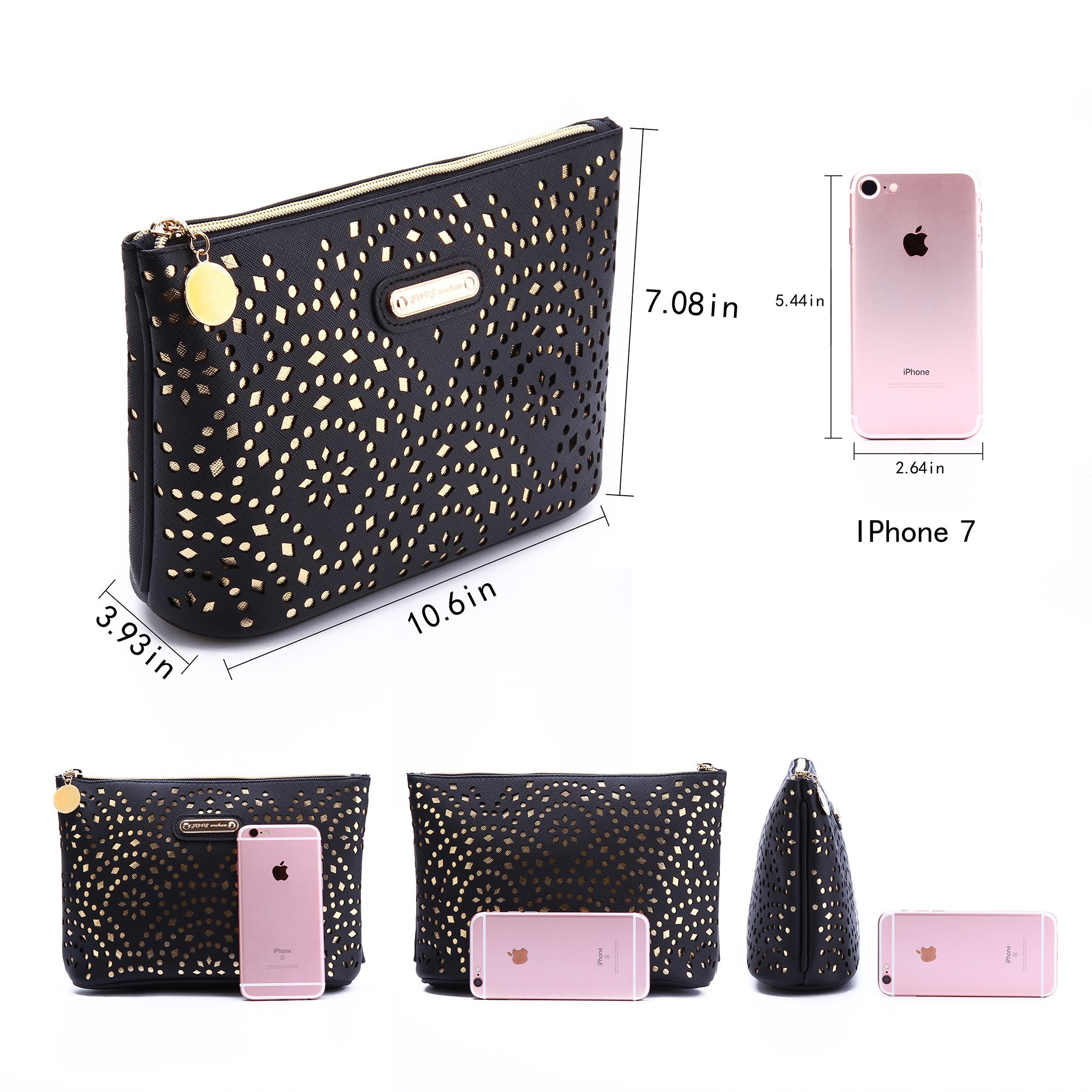 Black Makeup Bag with Gold Pattern & Zipper - Women's Travel Toiletry Organizer for Cosmetics, Brushes & Jewelry Accessories (Perfect for Vacation, Gym & Daily Use)