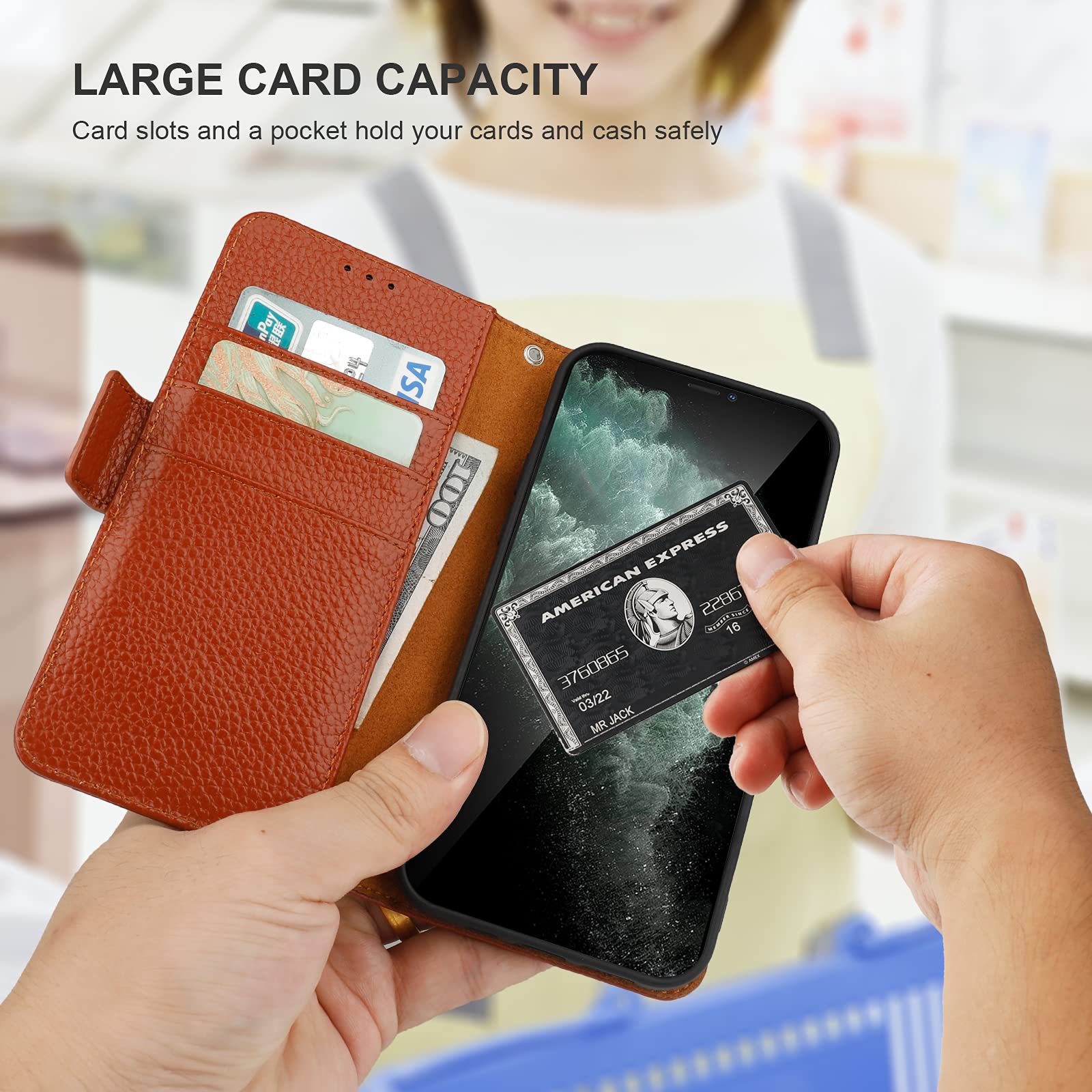 Premium Genuine Leather iPhone 11 Wallet Case with Wireless Charging & RFID Blocking - Flip Folio Cover with Card Slots, Kickstand & Wrist Strap (6.1 Inch, Brown) - Perfect for Travel, Work & Everyday Use