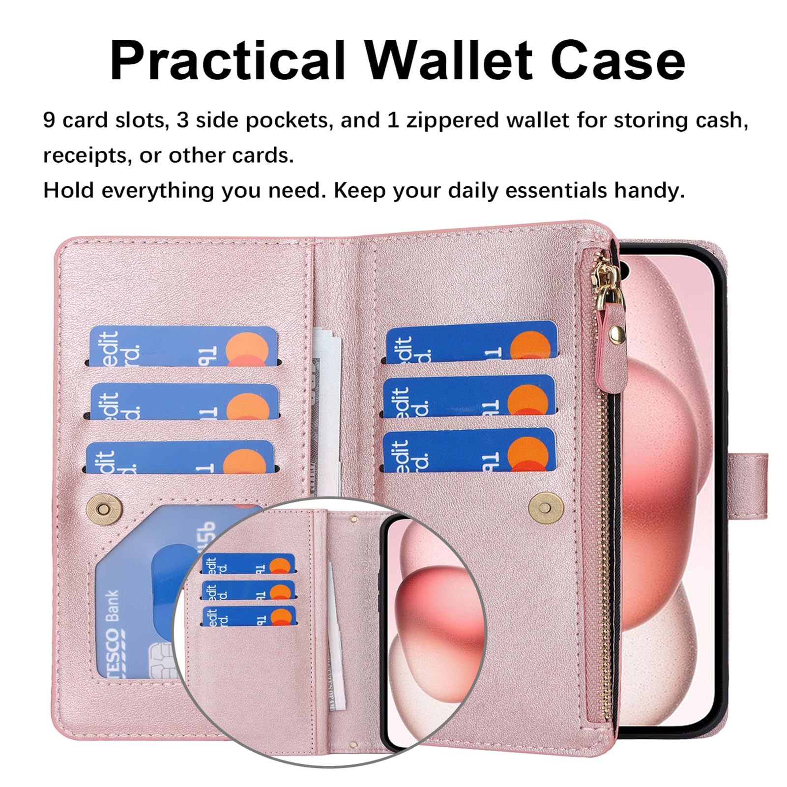 Jaorty Crossbody Phone Case for iPhone 15 with Strap Lanyard - Leather Wallet Case with Card Holder & Zipper Pocket - Magnetic Flip Cover for Women (6.1