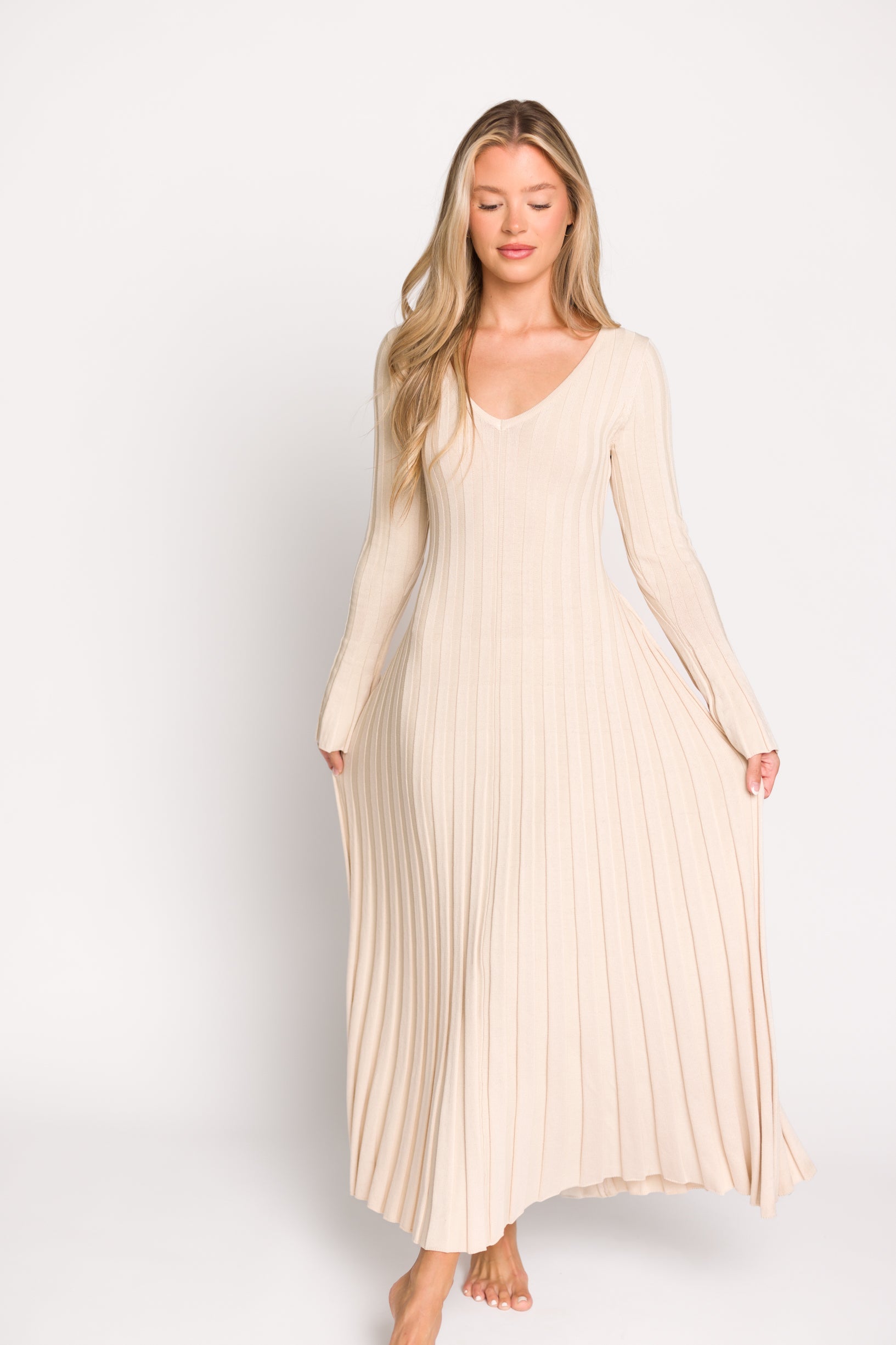 Hadley Long Sleeve V Neck Knit Maxi Dress in Cream Taupe - Elegant Women's Casual Maxi Dress for Fall & Winter, Perfect for Office, Date Night and Holiday Parties