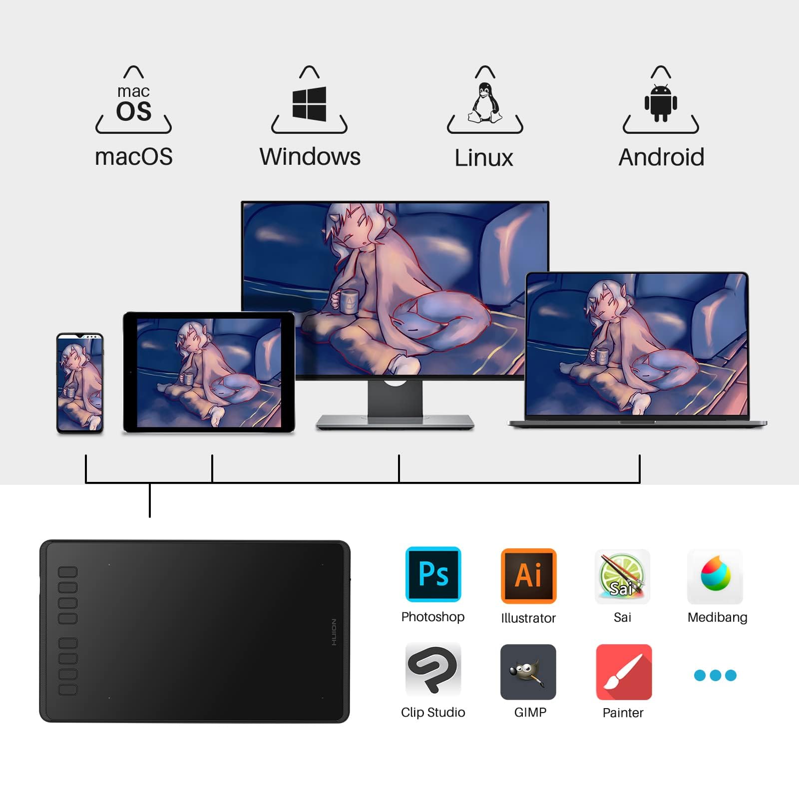 HUION Inspiroy H950P 8x5 Inch Digital Drawing Tablet with Battery-Free Stylus - 8192 Pressure Levels & Tilt Support - 8 Customizable Hotkeys - Compatible with Mac, PC, Mobile - Perfect for Digital Art, Graphic Design, Online Teaching, Remote Work & OSU Gaming