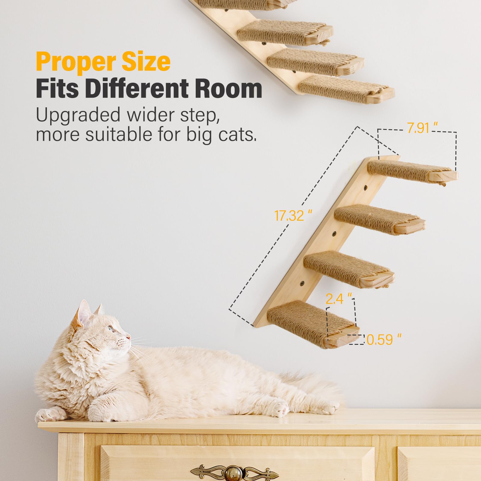 1 Pack 4-Step Cat Wall Shelves with Sisal Rope - Sturdy Cat Wall Steps & Climbing Tree Accessories, Large Size, Brown-White - Perfect for Indoor Cat Play & Exercise