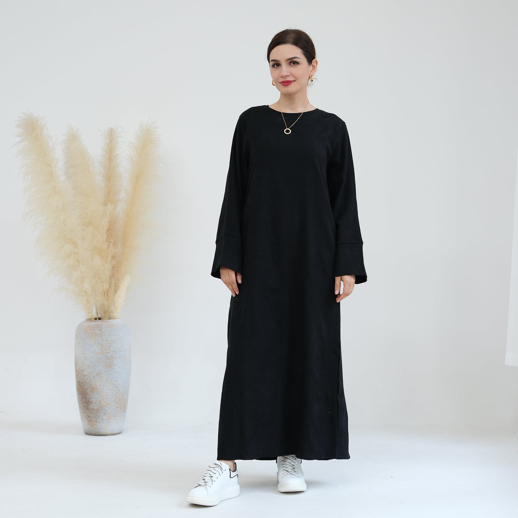 Liliana Women's Black Cold Weather Abaya Dress - Modest Islamic Prayer Dress for Winter, Home & Mosque Wear