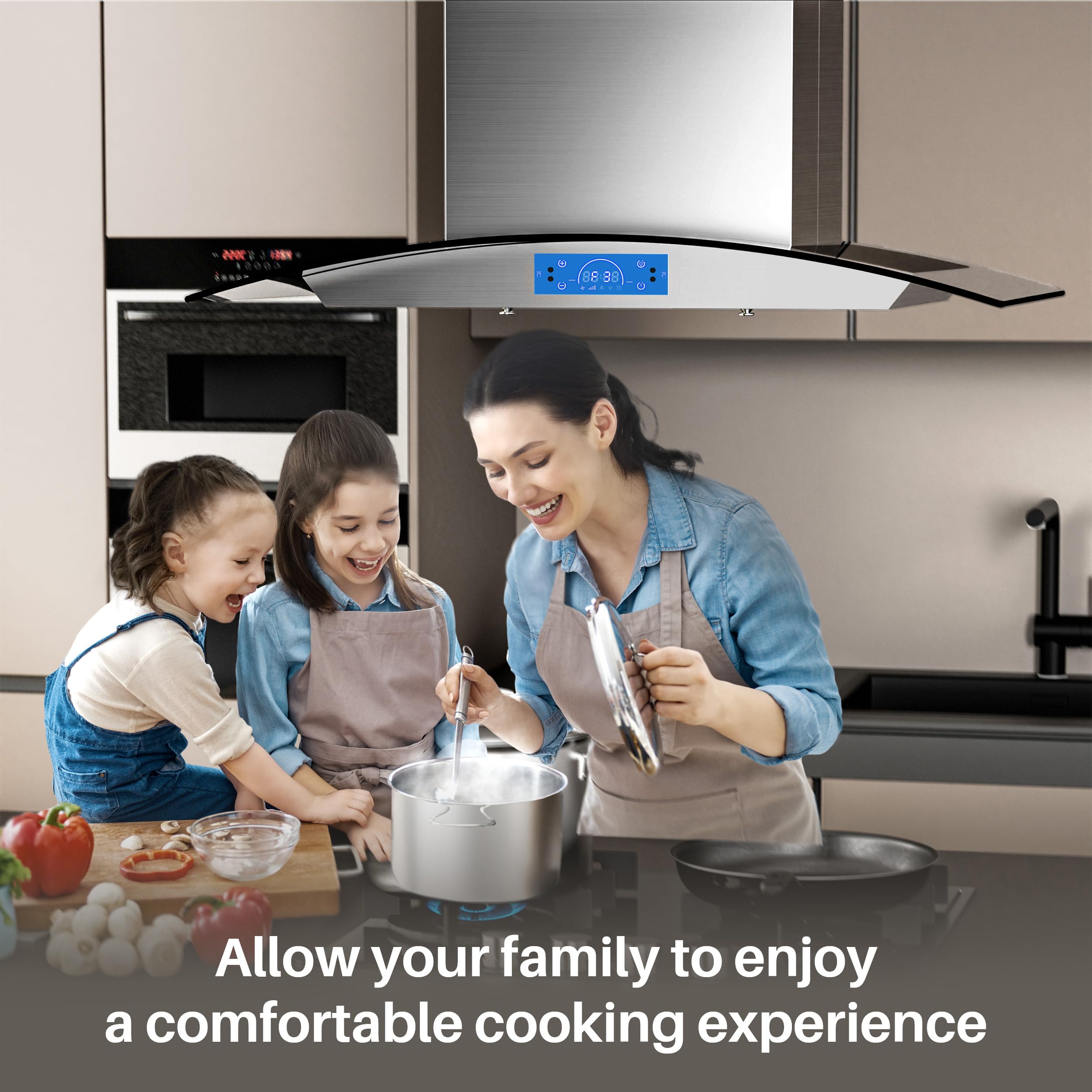 **FIREGAS 30-Inch Island Range Hood 700 CFM - Stainless Steel Chimney Mount Kitchen Vent Hood with Tempered Glass, 4 LED Lights, Permanent & Charcoal Filters, Touch Control Panel - Perfect for Open Kitchen & Modern Home Cooking**