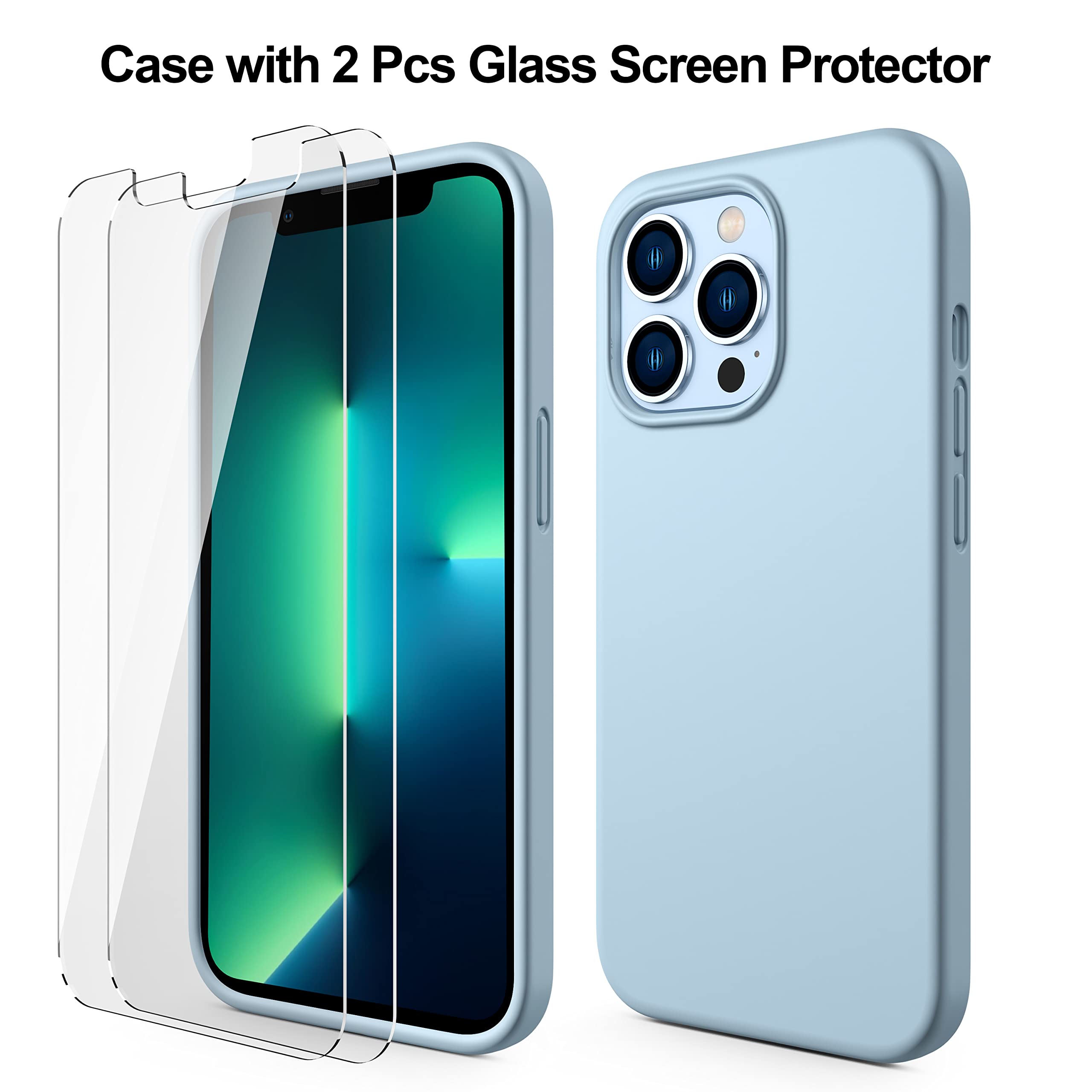 CellEver Heavy-Duty Silicone Case for iPhone 13 Pro Max with 2 Shatterproof Screen Protectors - Military-Grade Drop Protection, Scratch-Free Interior, Light Blue - Perfect for Outdoor Activities, Travel & Everyday Use