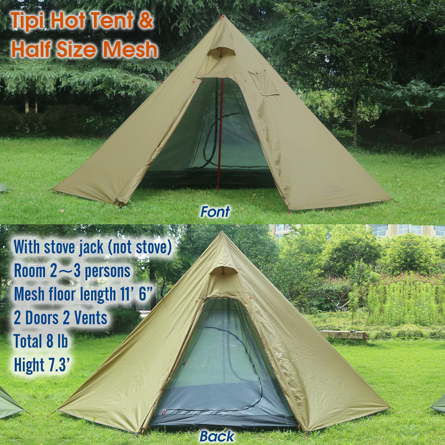 4 Person 5lb Lightweight Tipi Hot Tent with Stove Jack - 7'3