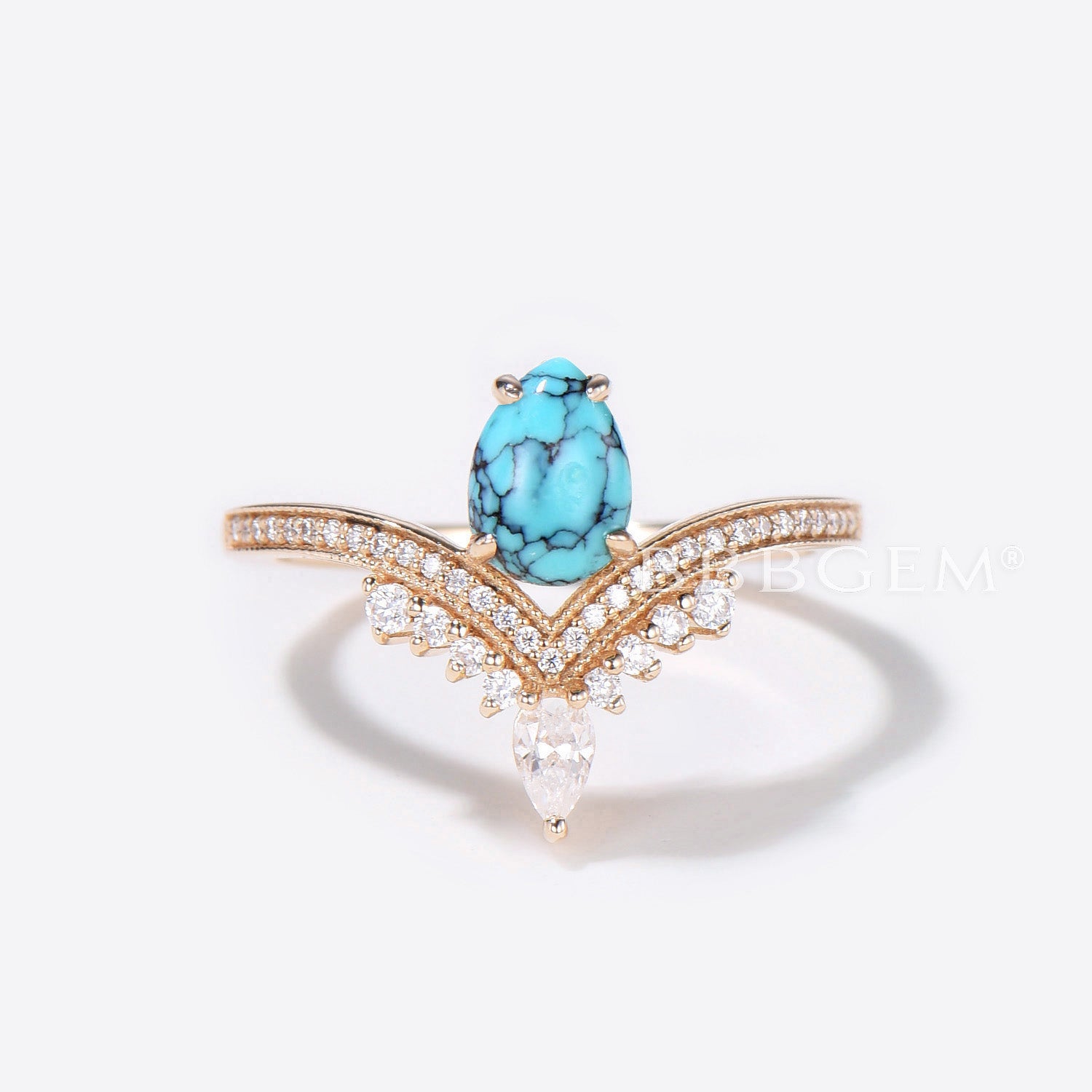 Pear Shaped Turquoise Engagement Ring & Rose Gold Diamond Wedding Band Set - Perfect for Bridal Jewelry, Anniversary Gifts & Romantic Proposals