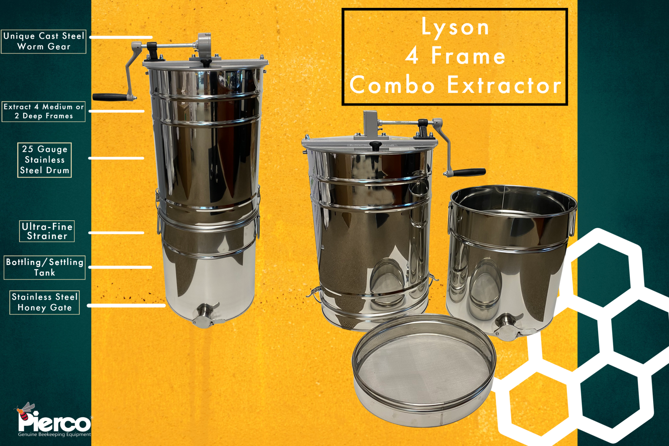 Lyson 4 Frame Stainless Steel Honey Extractor with Built-in Strainer & Bottling Tank - Perfect for Home Beekeeping & Harvesting Raw Honey