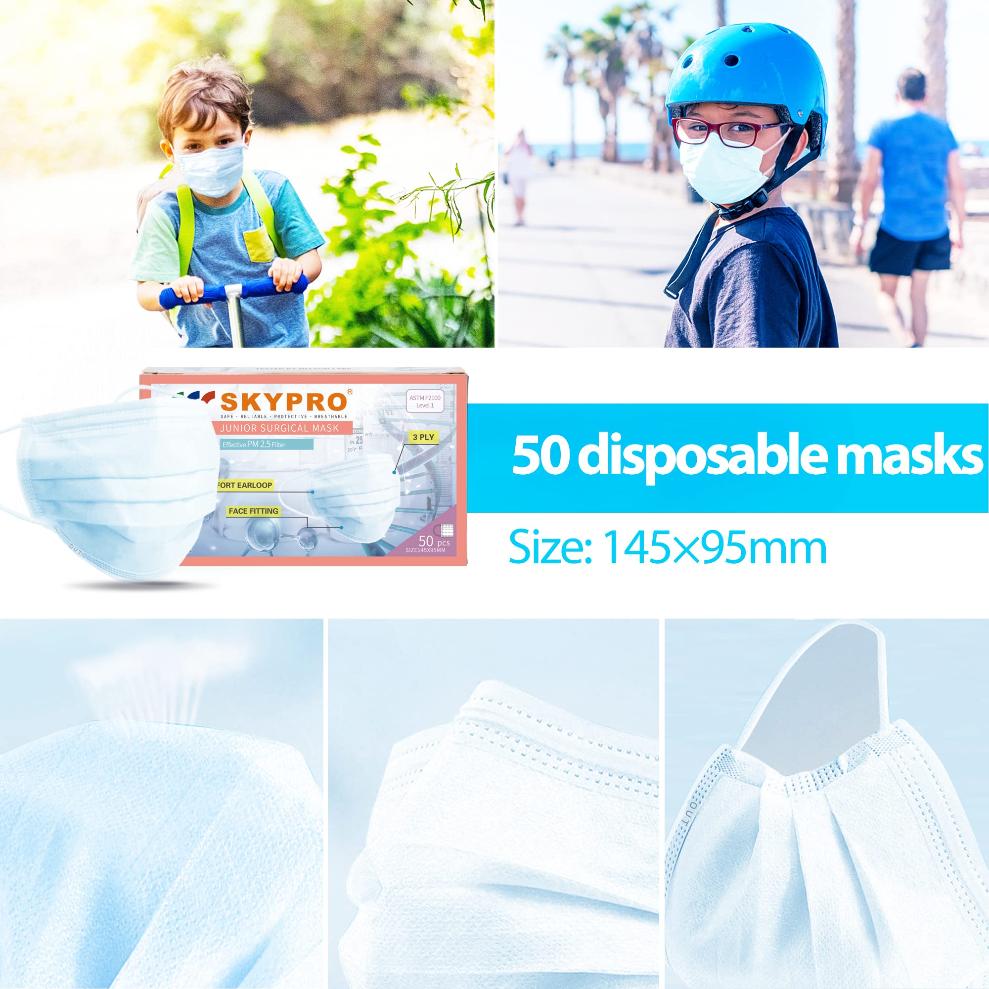 SKYPRO 50PCS ASTM Level 1 Medical Grade 3-Ply Disposable Face Masks for Kids - Blue/White, Breathable & Comfortable Protective PPE - Perfect for School, Travel, and Daily Protection
