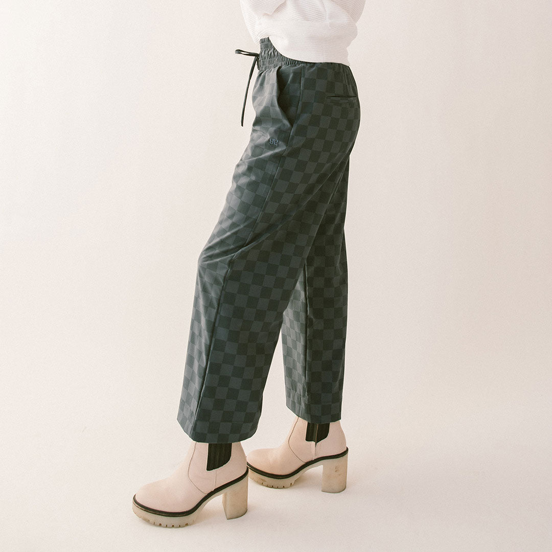 Audrey Wide Leg Pants for Women - Stylish Slate Checkered High Waist Trousers | Office Wear, Casual Outfits & Business Travel Essentials