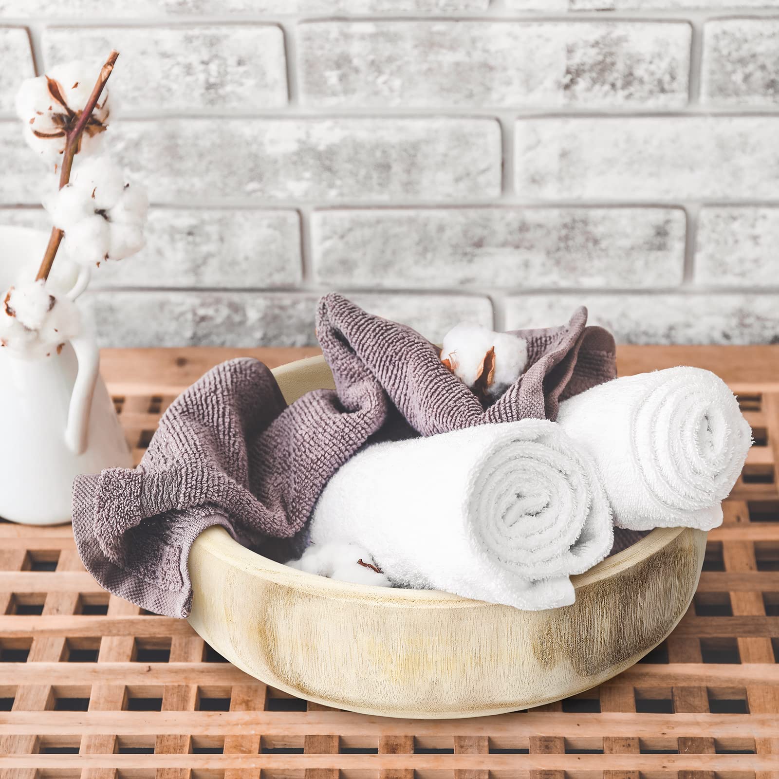 Kathfly Natural Rustic Wooden Decorative Bowl Set - Paulownia Wood Serving & Dough Bowl for Home Decor, Table Centerpieces, Wedding & Party Decorations with Wood Bead Garland (Round) - Perfect for Farmhouse Style Dining, Rustic Weddings, and Holiday Tablescapes