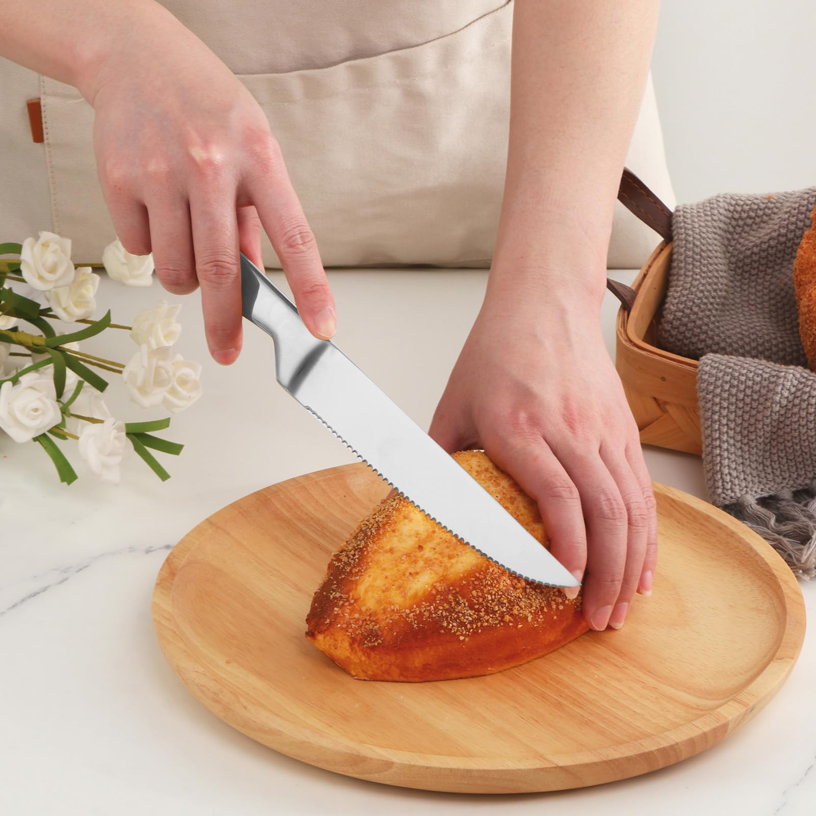 Premium 6-Piece Steak Knife Set - 8.6 Inch Stainless Steel Serrated Blades, Dishwasher Safe & Non-Stick - Perfect for Home Kitchen, Restaurants, BBQ Parties, and Wedding Cutlery Gifts - Effortless Meat Cutting for Steak Dinners & Entertaining