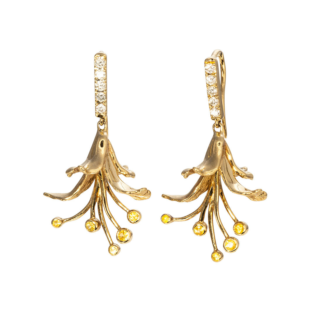 14K Yellow Gold Honeysuckle Earrings with Yellow Sapphire & Diamond - Elegant Dangle Earrings for Women, Perfect for Weddings, Parties & Special Occasions