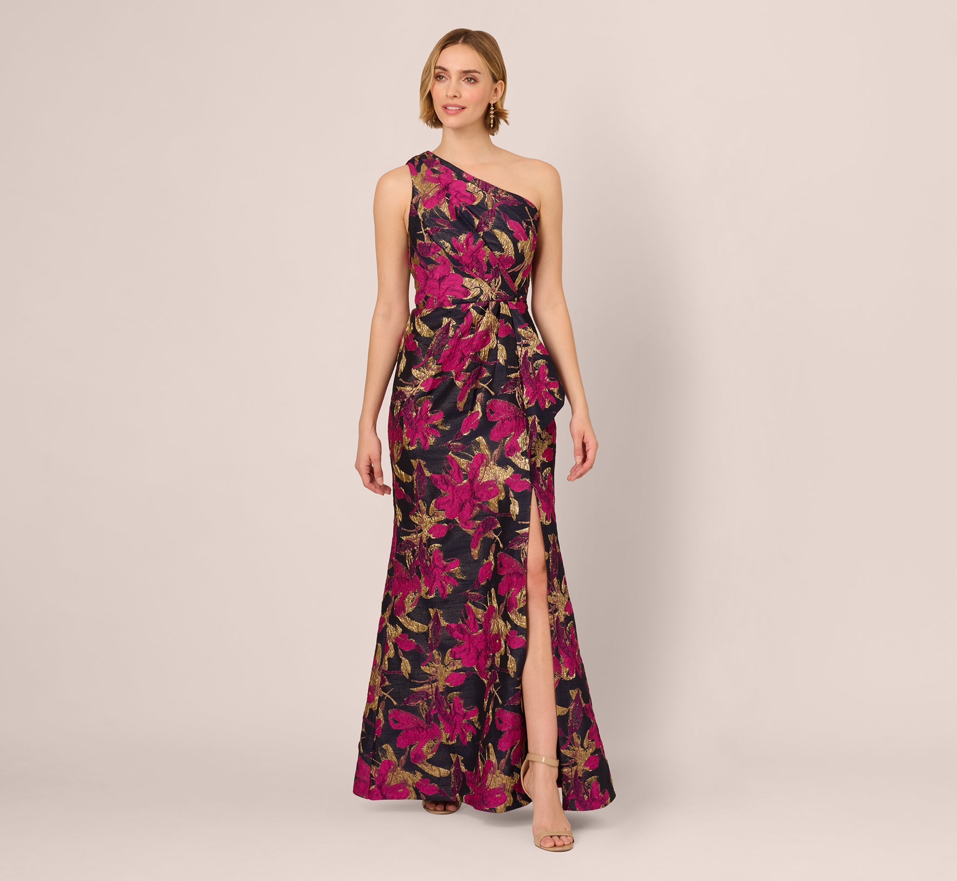 Elegant One Shoulder Jacquard Dress in Navy & Pink - Perfect for Cocktail Parties, Date Nights & Special Occasions