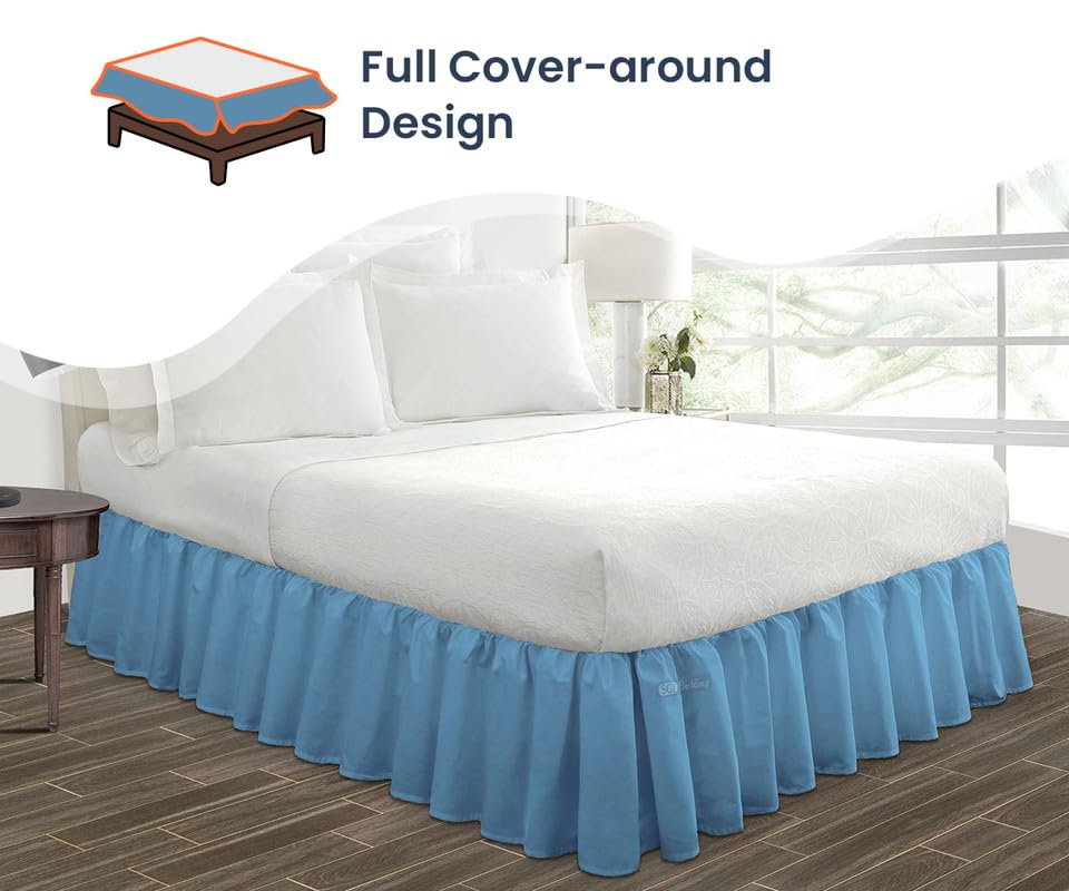 12 Inch Ruffled Bed Skirt - Premium Microfiber, Fade & Wrinkle Resistant, Anti-Static - Decorative Bedding with Hidden Storage Space - Full Size Mediterranean Blue - Perfect for Guest Rooms & Master Bedrooms