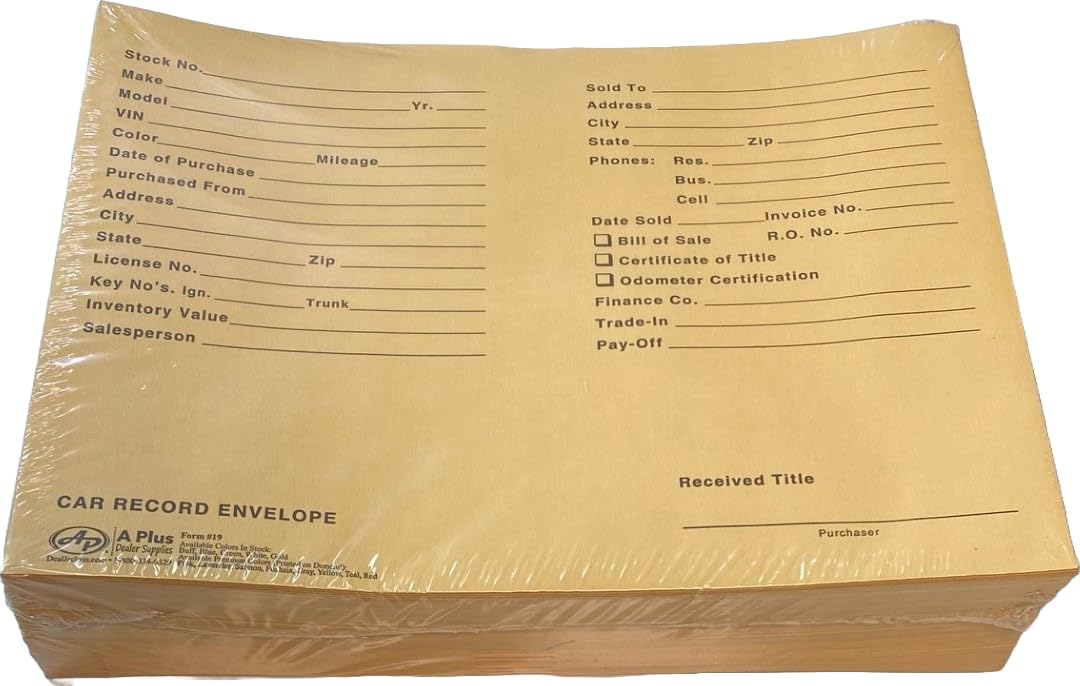 A Plus Vehicle Dealer Envelopes - #19 Buff Deal Jackets (200 Pack) - W3 Size - Perfect for Auto Dealerships, DMV Documents & Vehicle Title Storage