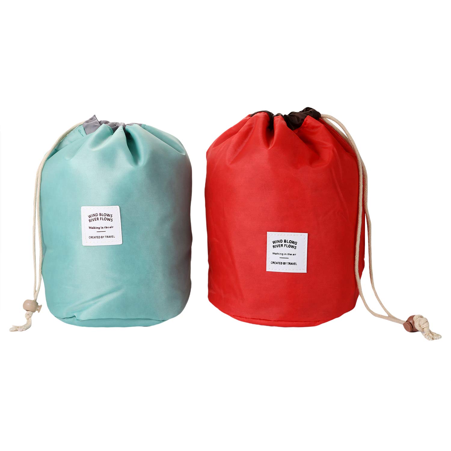 Vtrem 2-Piece Waterproof Drawstring Cosmetic Bag Set - Foldable Travel Makeup & Toiletry Organizer for Women, Portable Barrel Shaped Bathroom Storage (Blue + Red) | Perfect for Gym, Vacation & Daily Essentials Organization