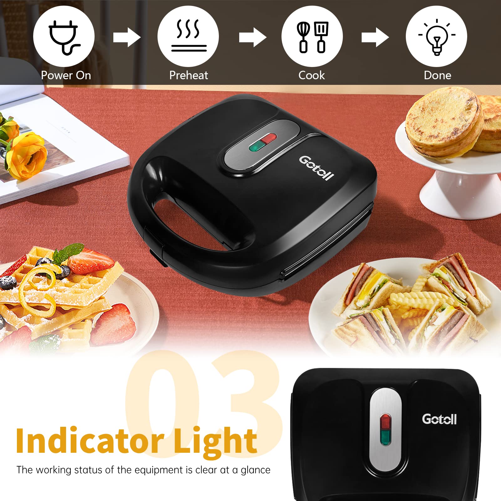Gotoll 3-in-1 Sandwich Maker, 750W Non-Stick Waffle Iron & Panini Press - Perfect for Breakfast, Snacks, and Quick Meals at Home or Office