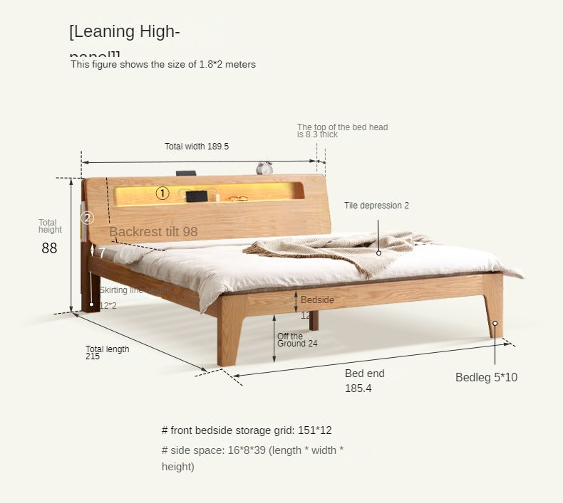 Solid Oak and Beech Wood Bed with Built-in LED Lights and Bookshelf - Modern Bedroom Furniture for Small Spaces, Lofts, and Studio Apartments