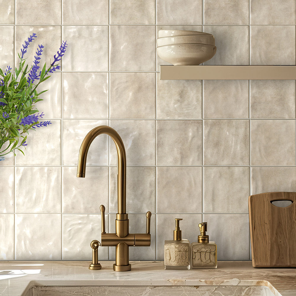 Premium Marrakesh Beige 12x12 Inch Glossy Zellige Square Tile - Moroccan Style Ceramic Wall & Floor Tile for Kitchen Backsplash, Bathroom, and Shower Decor