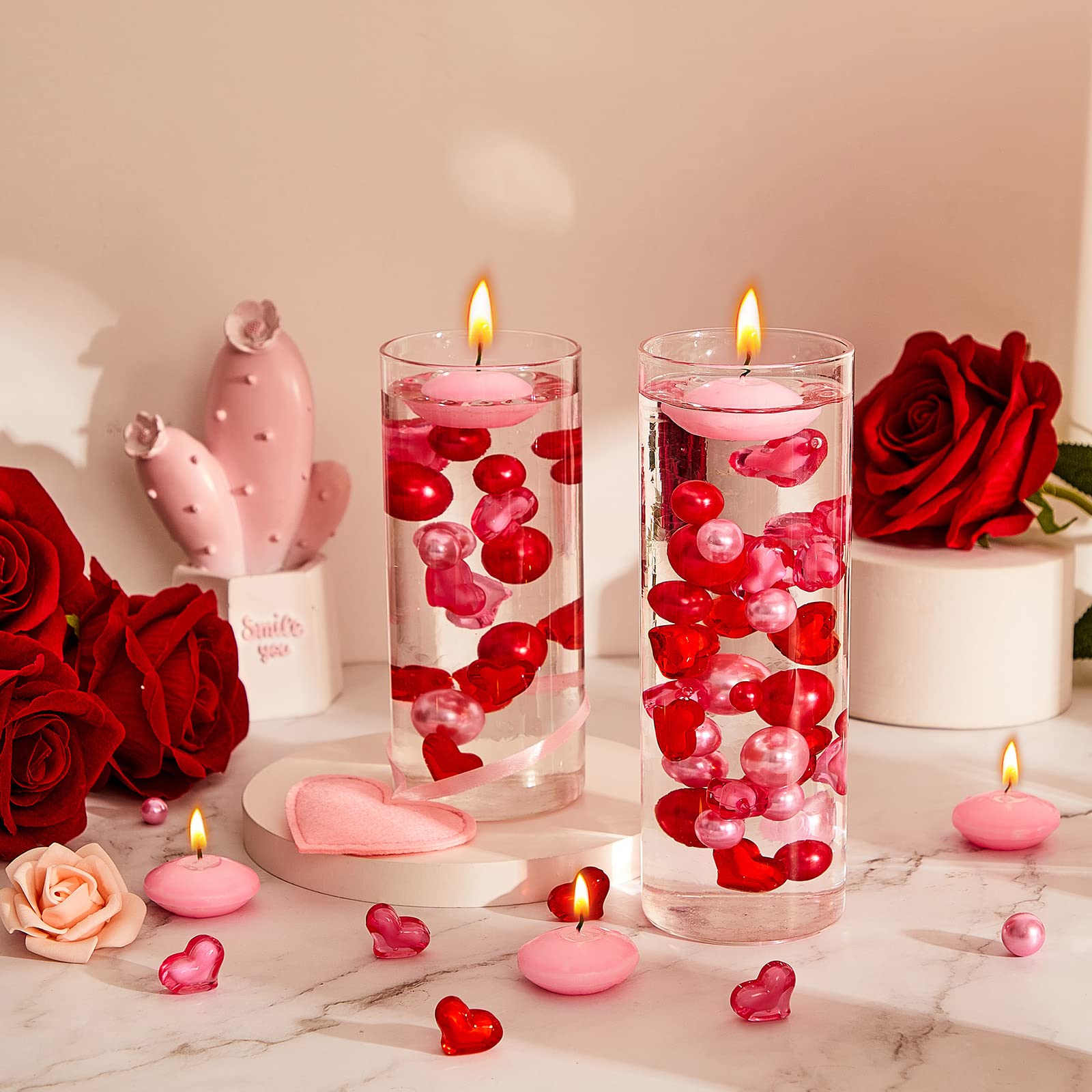 MTLEE 2116 Red Love Pearls Vase Fillers with 10 Floating Candles for Romantic Table Decor