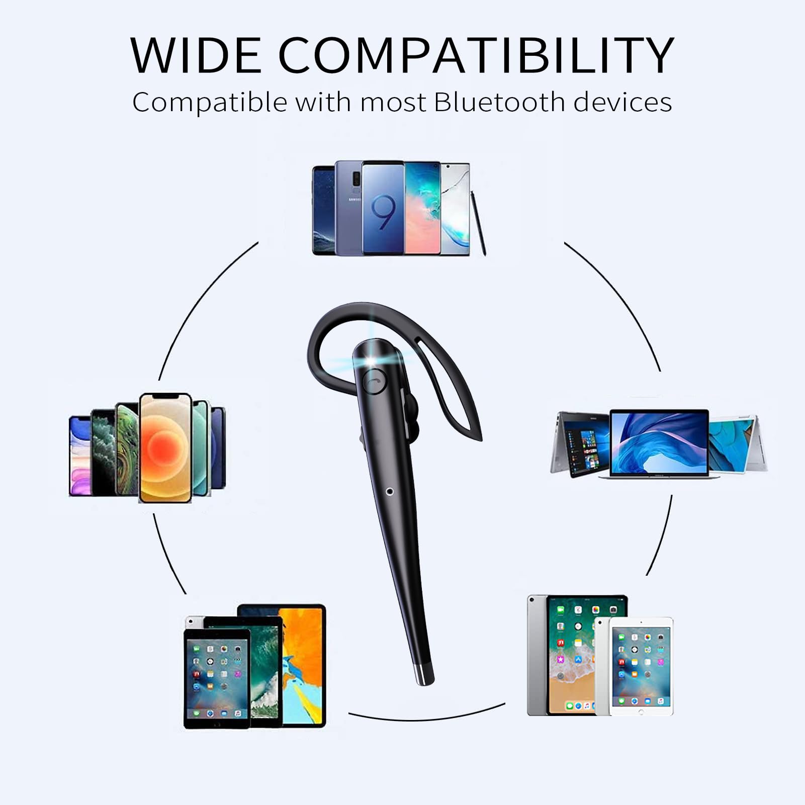 Wireless Bluetooth Headset with Noise Cancelling Microphone - Single Ear Hands-Free Headphones for iPhone, Android, Office, Truckers & Work Calls | Perfect for Business, Driving & Remote Work