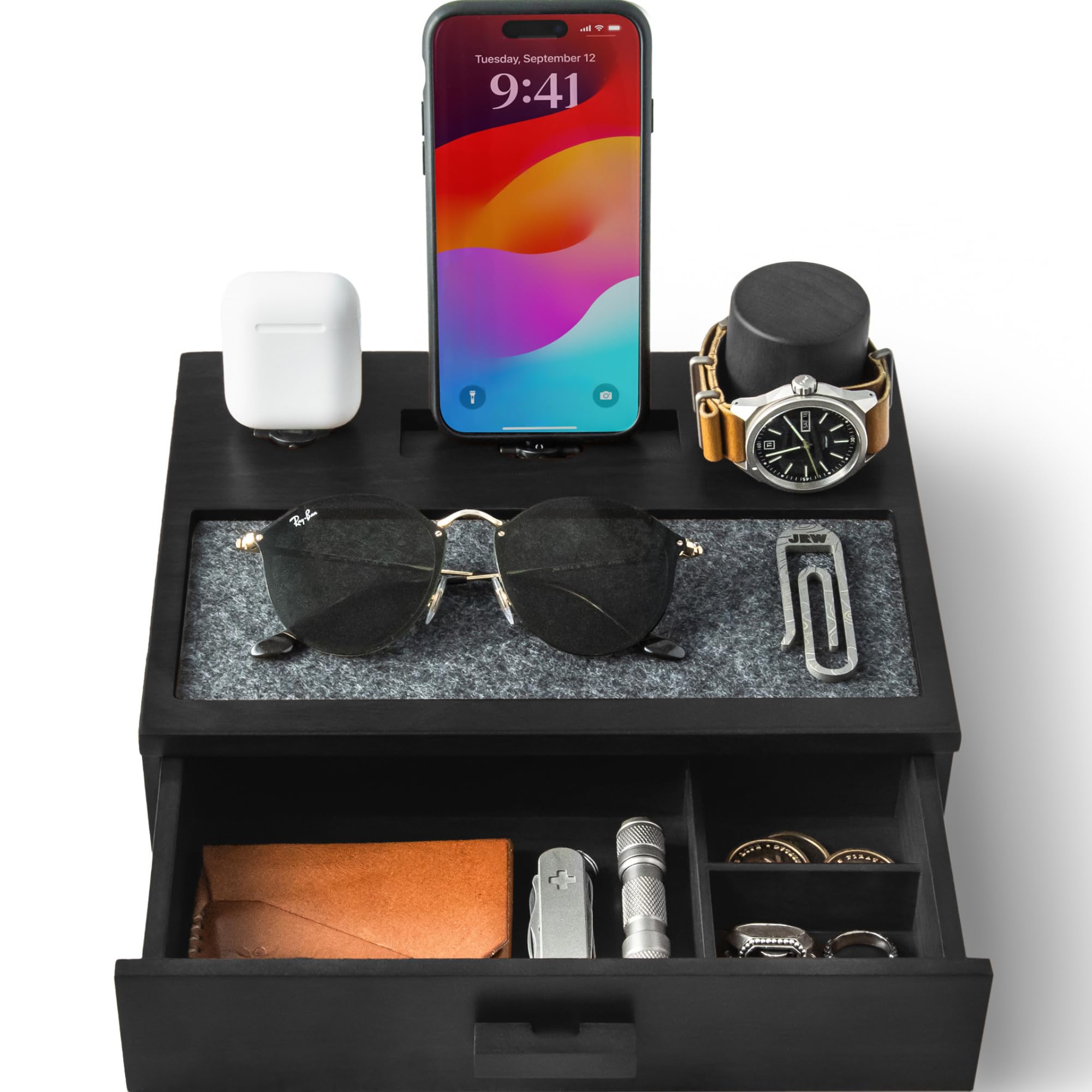 Premium Wooden Phone Docking Station with Drawer - Nightstand Organizer for iPhone, Android, Smartwatch & AirPods - Felt-Lined Charging Station with Watch Holder - Perfect Bedside Organizer for Home & Office